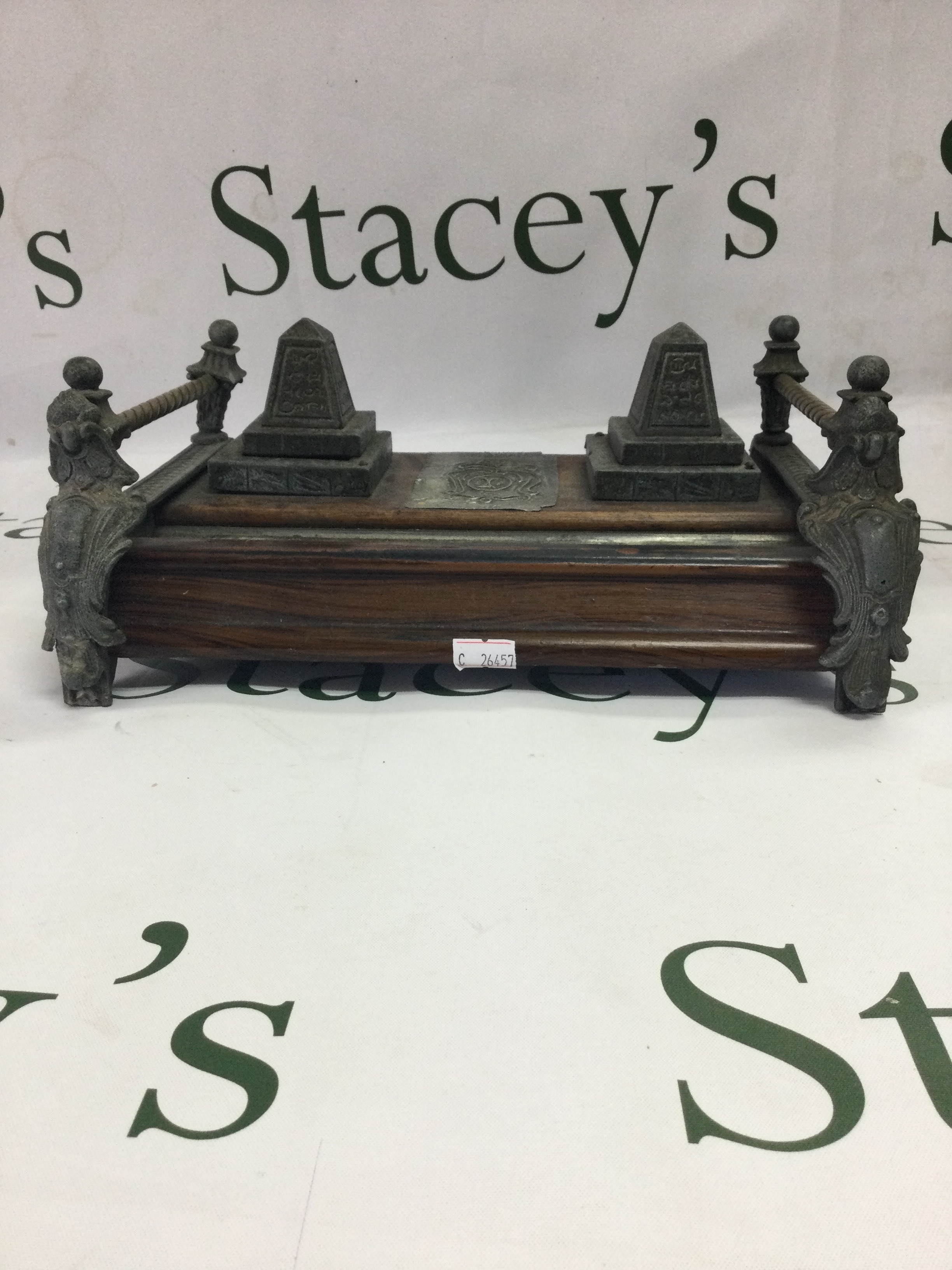 An antique Egyptian revival double inkstand/ desk stand. A fine Victorian/Edwardian desk accessory, crafted from polished rosewood/hardwood with cast metal fittings.