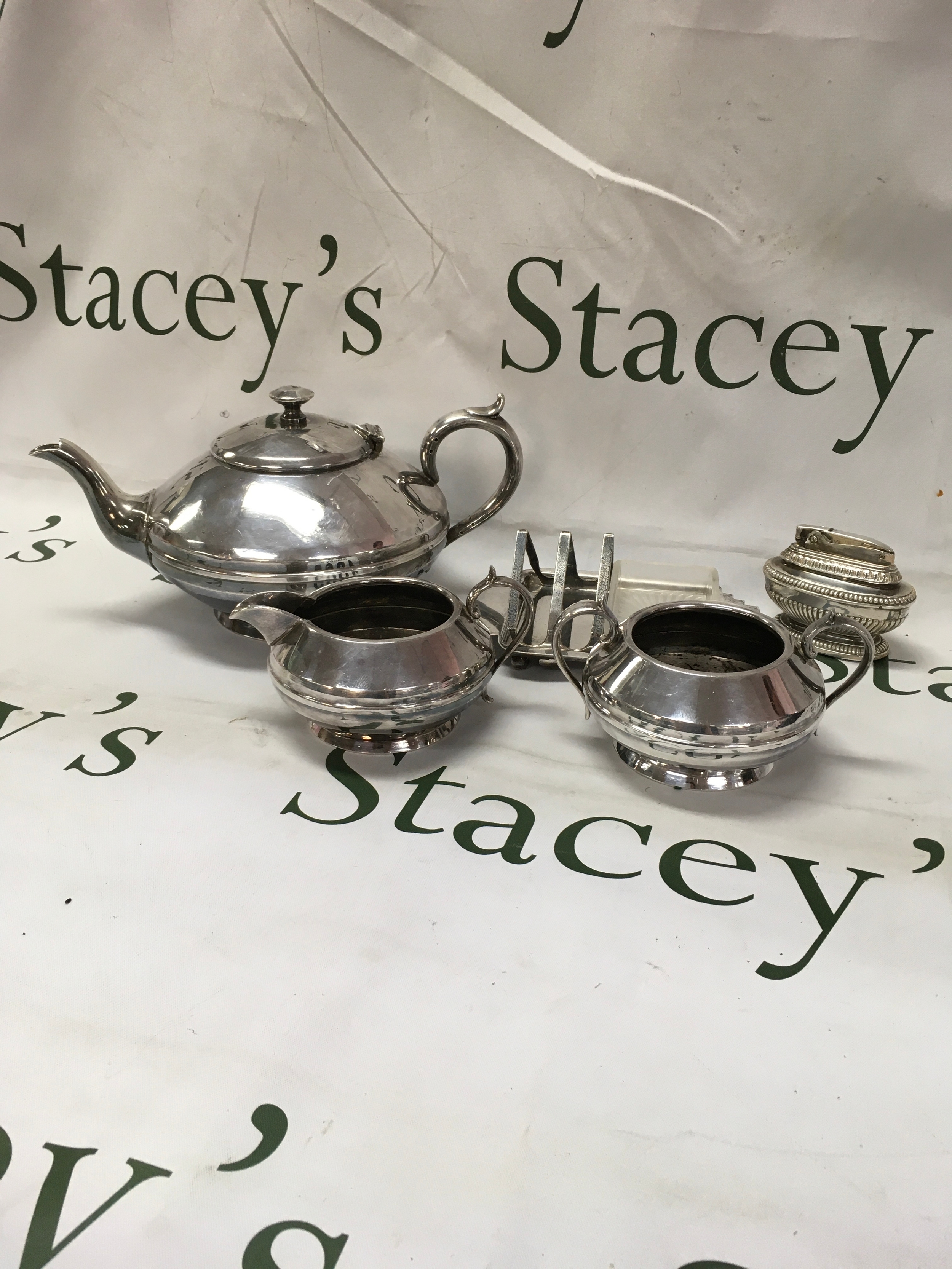 EBPM James Dixon 3 piece tea set along with table lighter and toast rack with butter dish