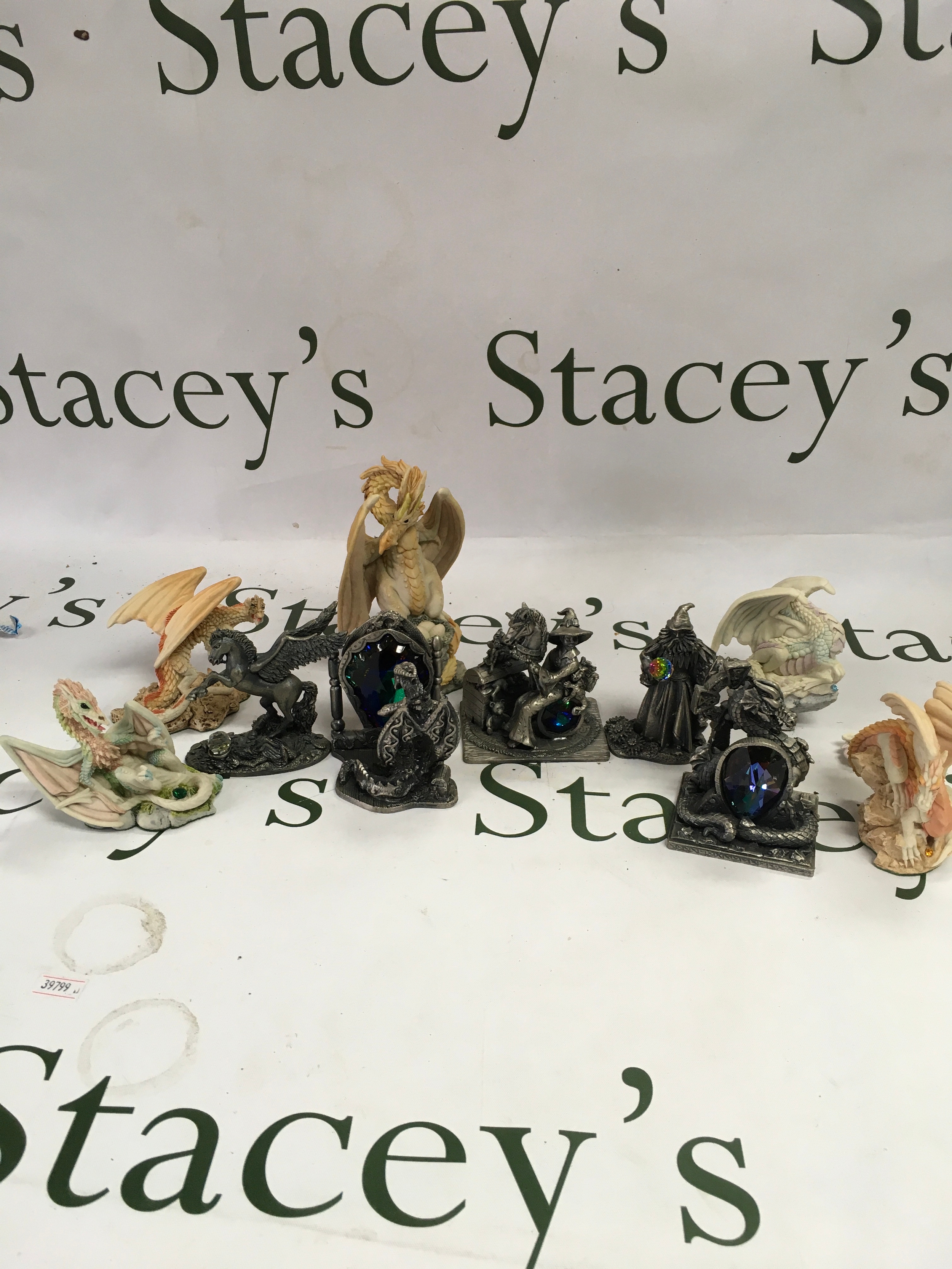 10 fantasy themed miniature figurines featuring mythical creatures and magical figures. They consist of a mix of metal pieces and hand-painted cold cast resin models, several accented with iridescent glass crystals and rhinestones 
