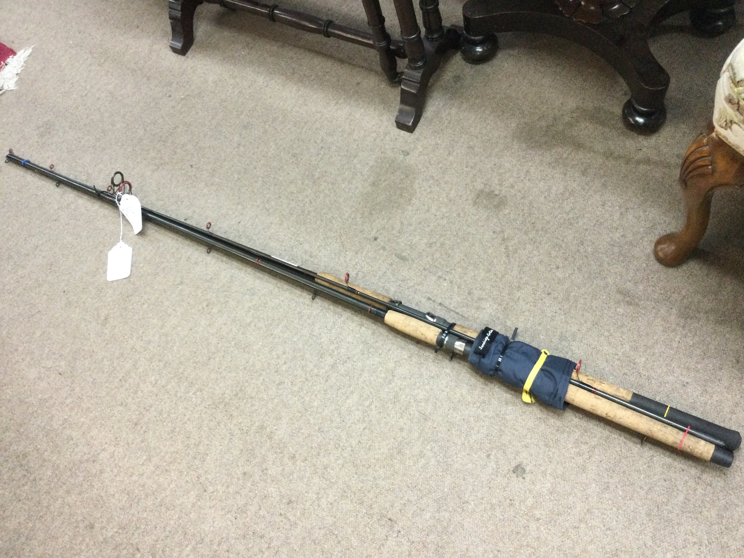 A vintage Silstar Konnect 300 all round spinning rod 10ft, Very good condition and a vintage Sundridge Kortina Radial carbon 10ft spinning rod within unusual red ring inserts, very good condition 