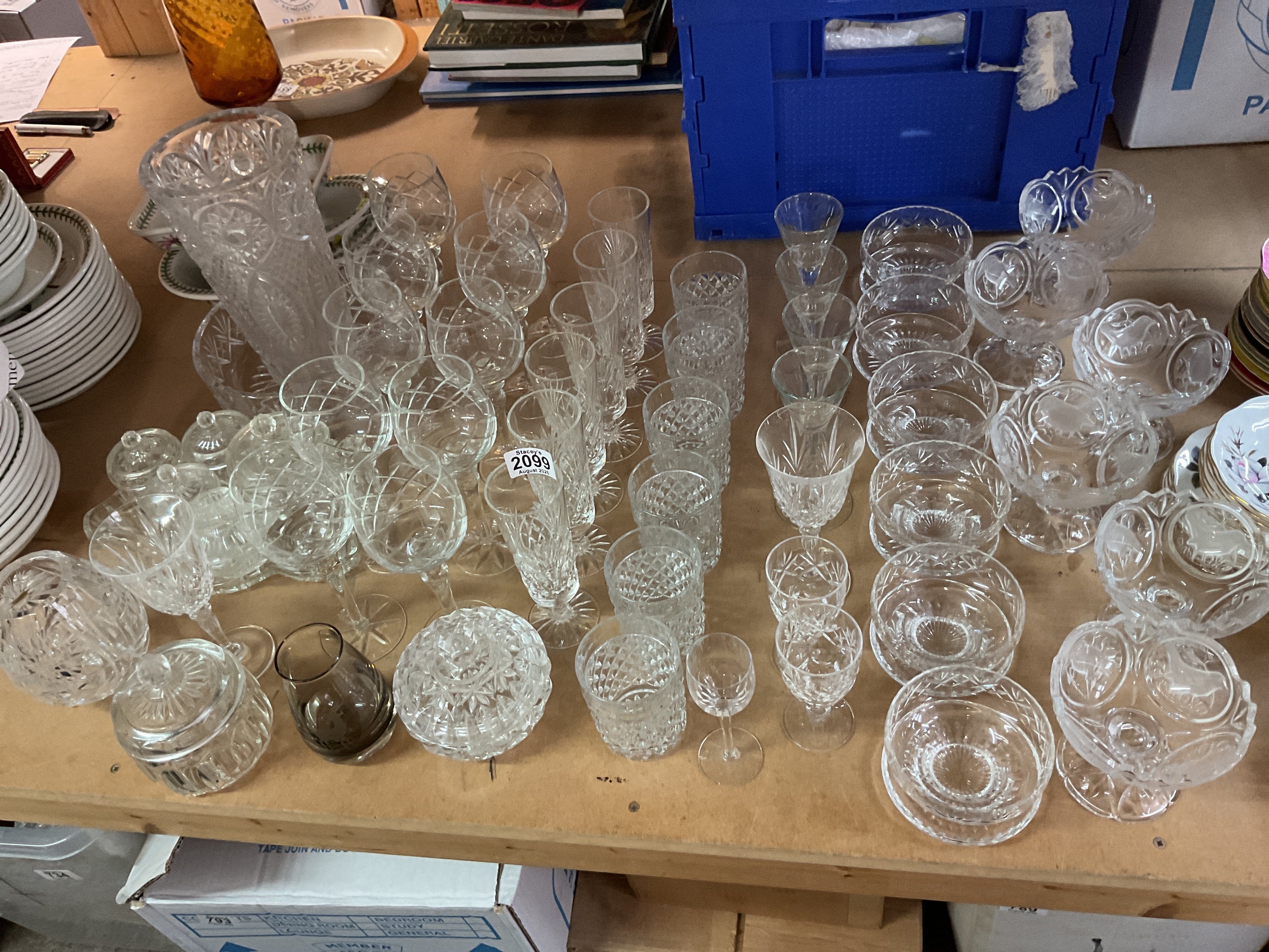 Qty cut glass and crystal, to inc dressing set, vase bowl, sets of glasses and odds.