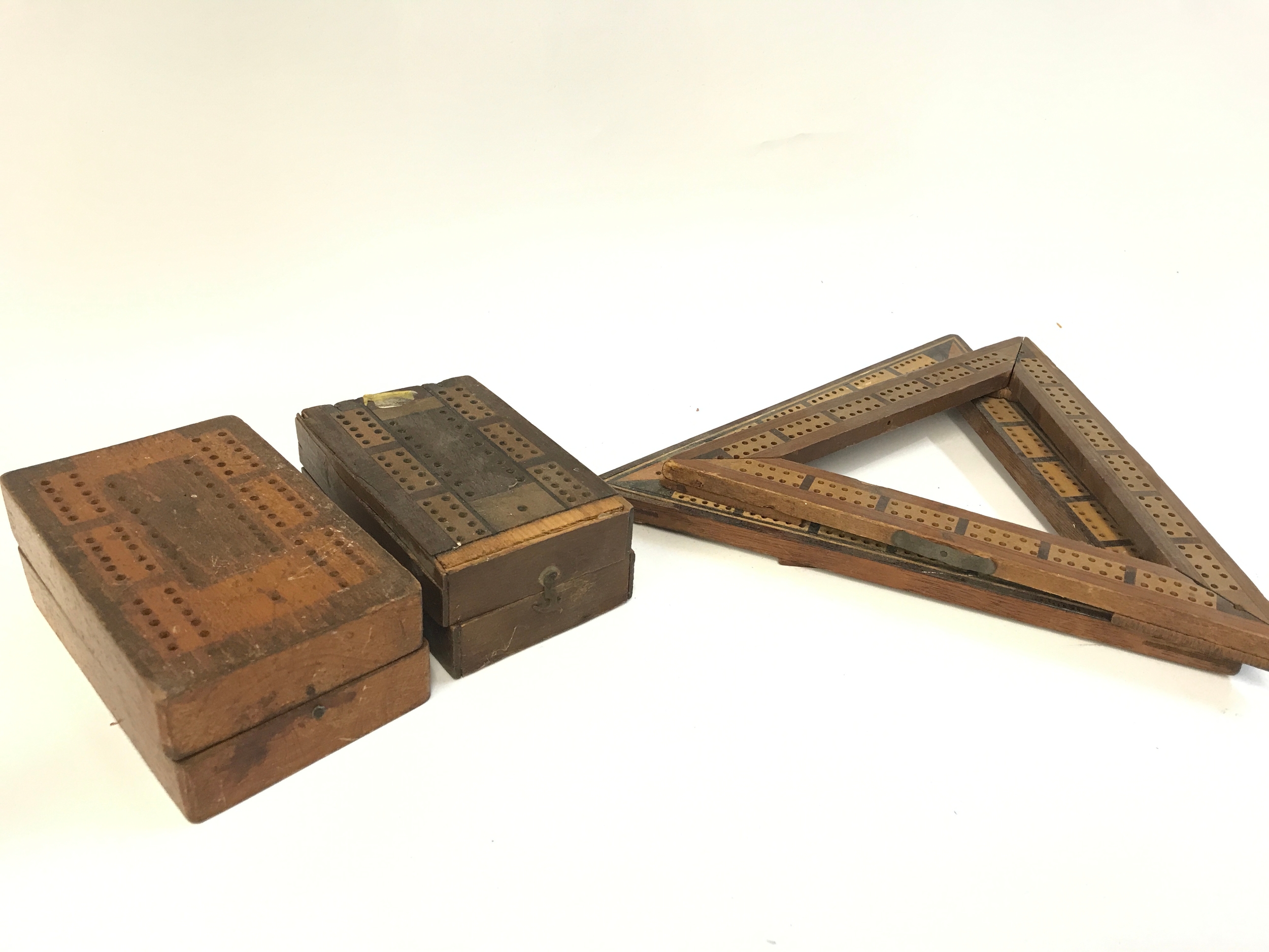 Cribbage boards, triangular and box 