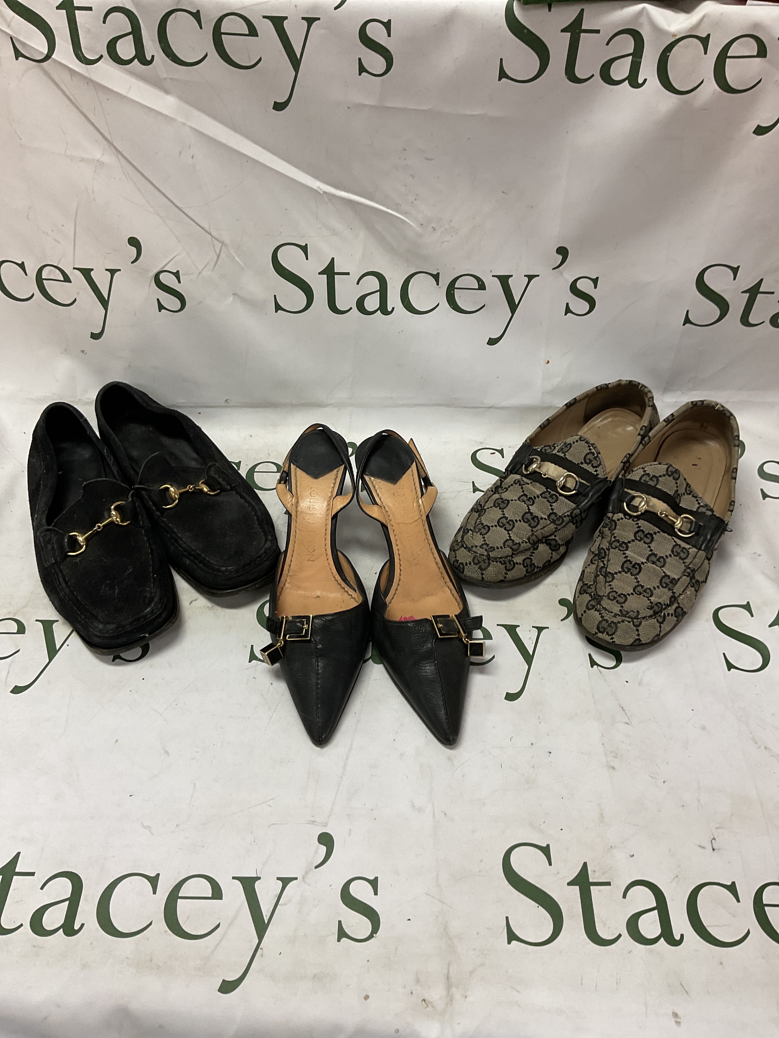 Louis Vuitton sling back kitten heels and dice logo, and two pairs of Gucci loafers, LV size 38, black loafers size37c and others 38.5.
