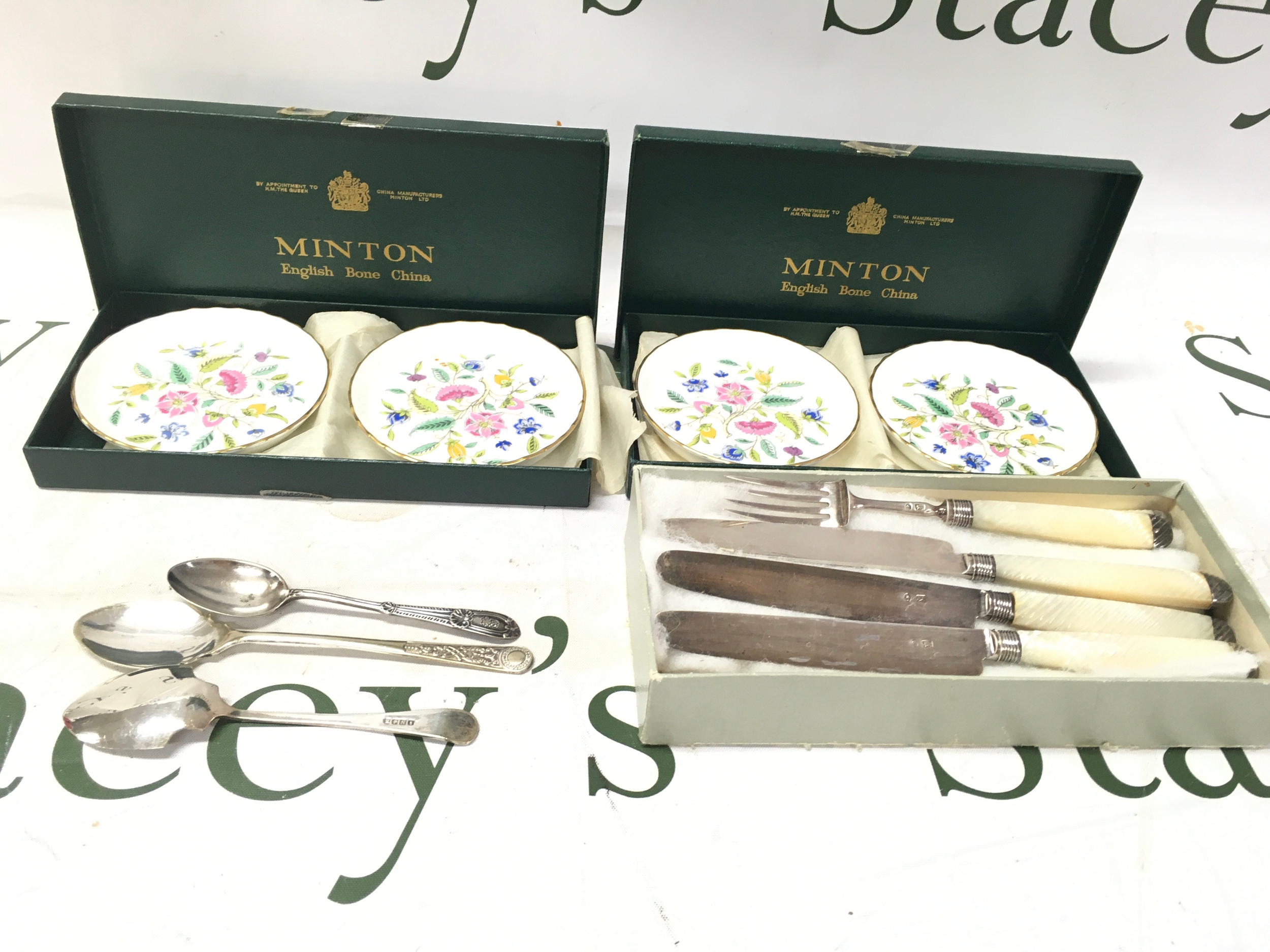 Minton pin dishes, HB&H marked spoons and cases EPNS cutlery. 