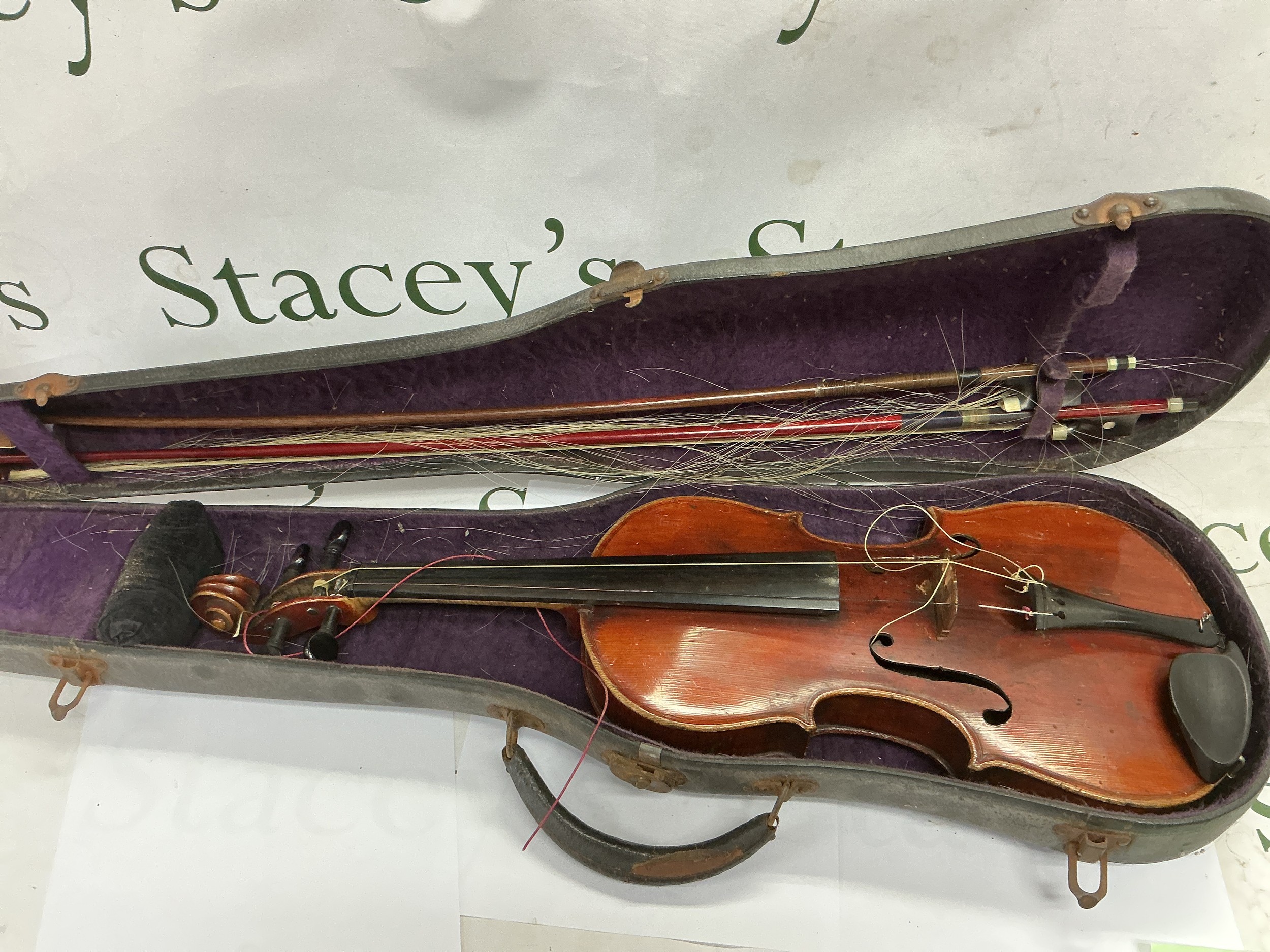 A cased violin and a cased banjolele (2).