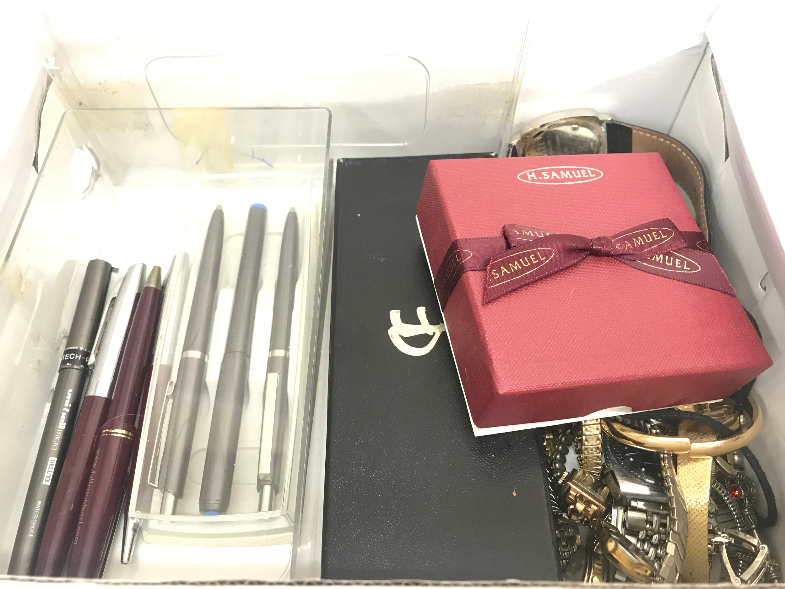 A collection of mixed watches and pens including a 9ct gold cased Avia ladies watch , Seiko , Ingersoll etc