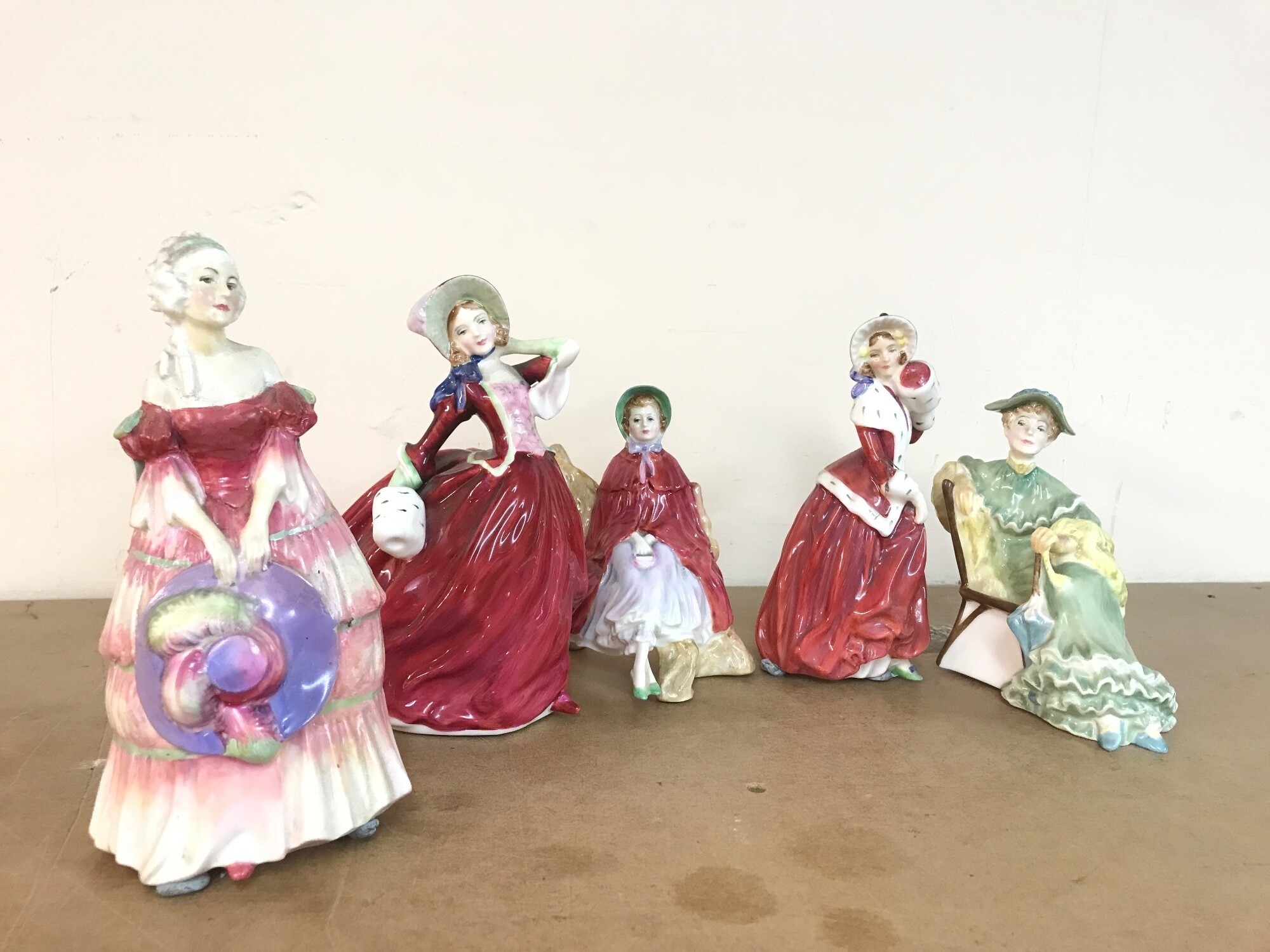 Five Royal Doulton porcelain figures including Veronica, Ascot, Christmas Morn, Sally etc NO RESERVE