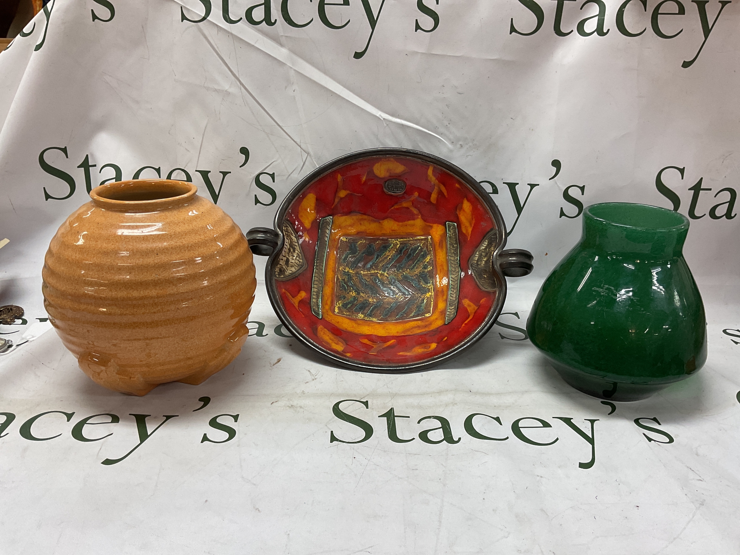 Art Deco shaped vase, brightly coloured bowl by Danko and a heavy green art glass vase