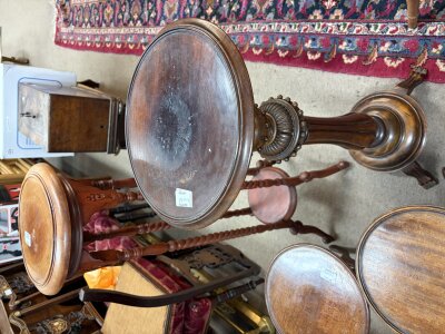 Two plant stands and other reproduction occasional tables