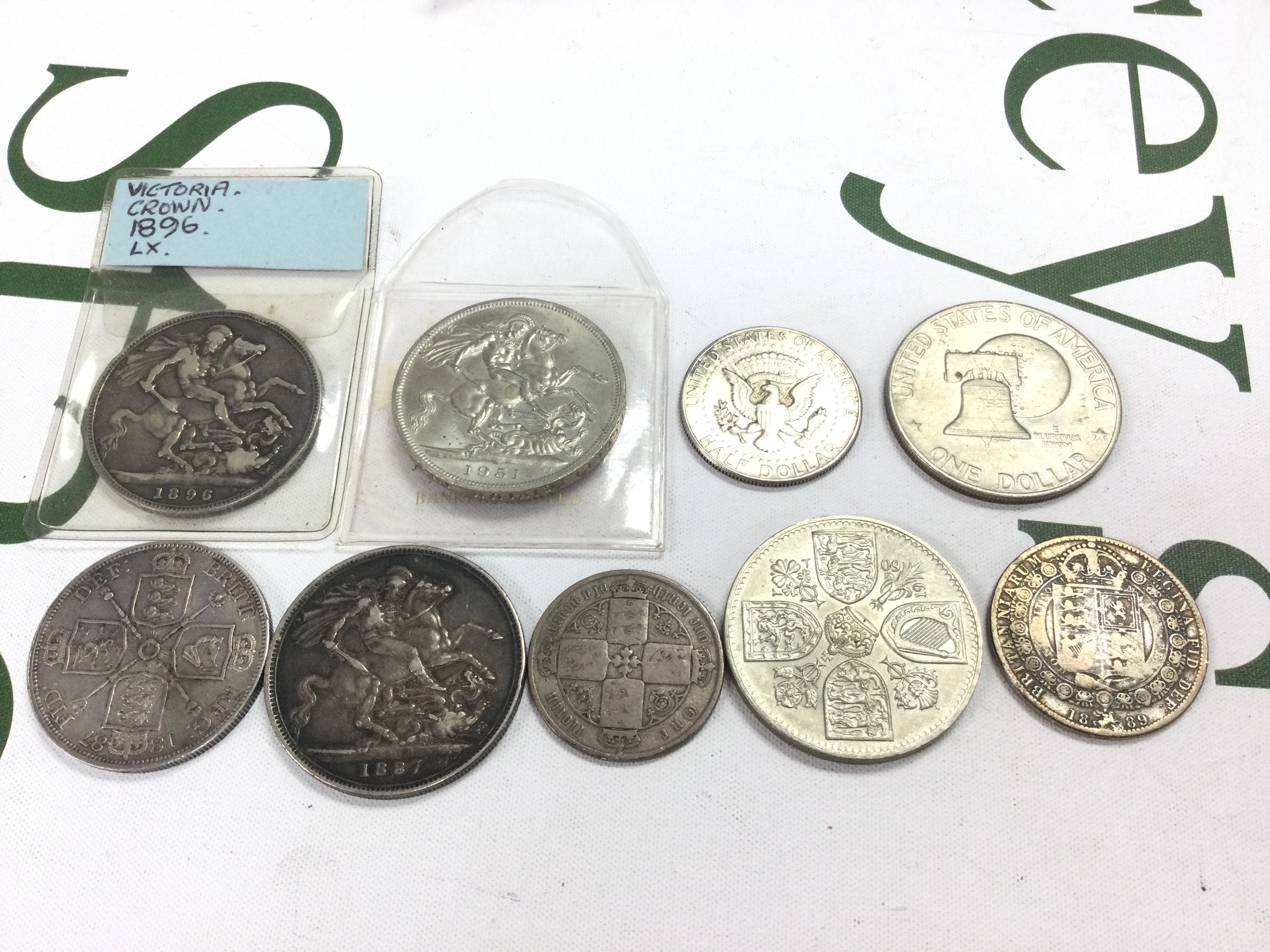 A collection of coins including a 1896 crown, 1951 five shillings, 1887 crown etc