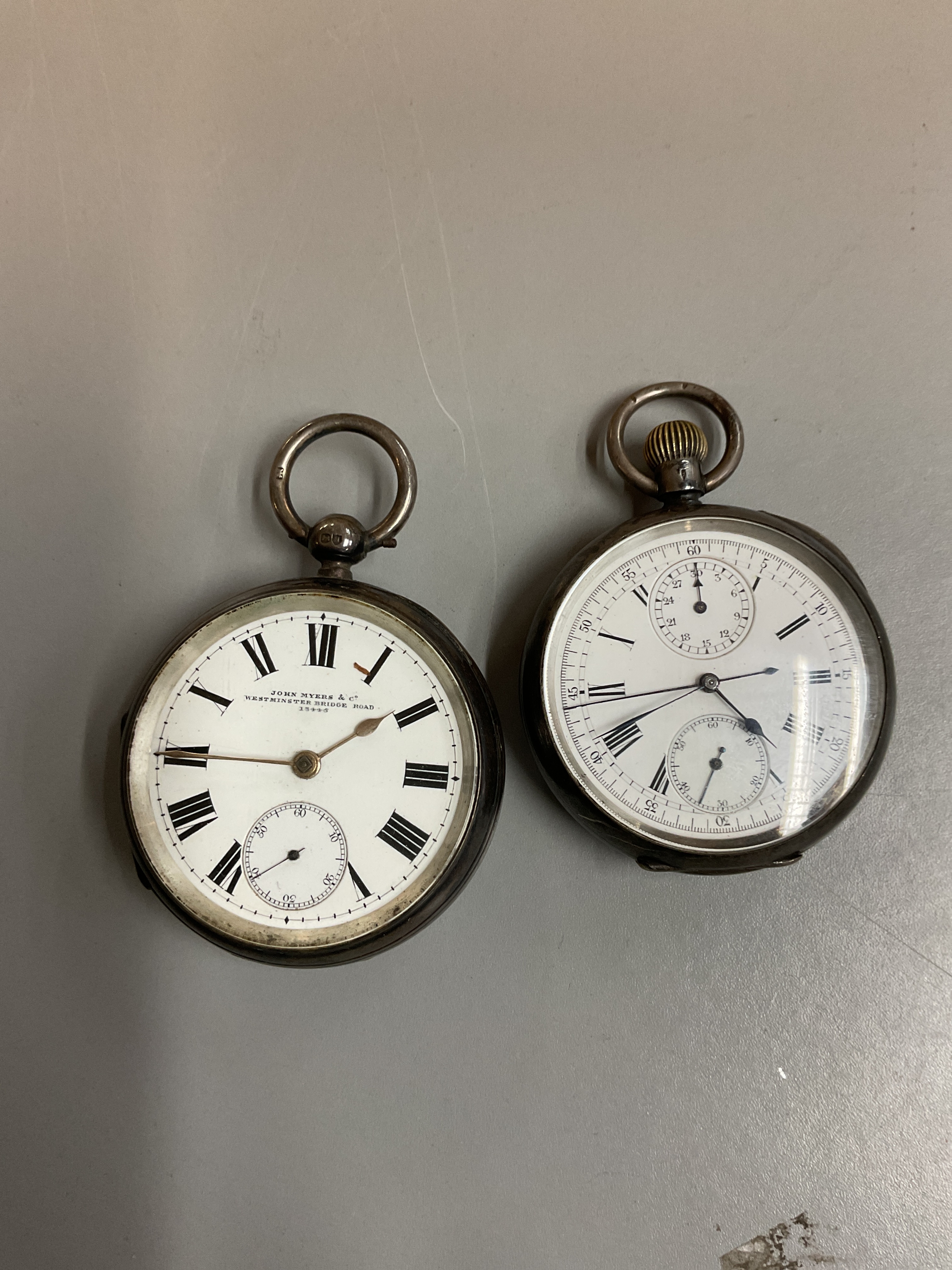 Two Silver pocket watches one with two subsidiary dials and a split second hand with push top action good working order.the other a Victorian example by John Myers and Co.
