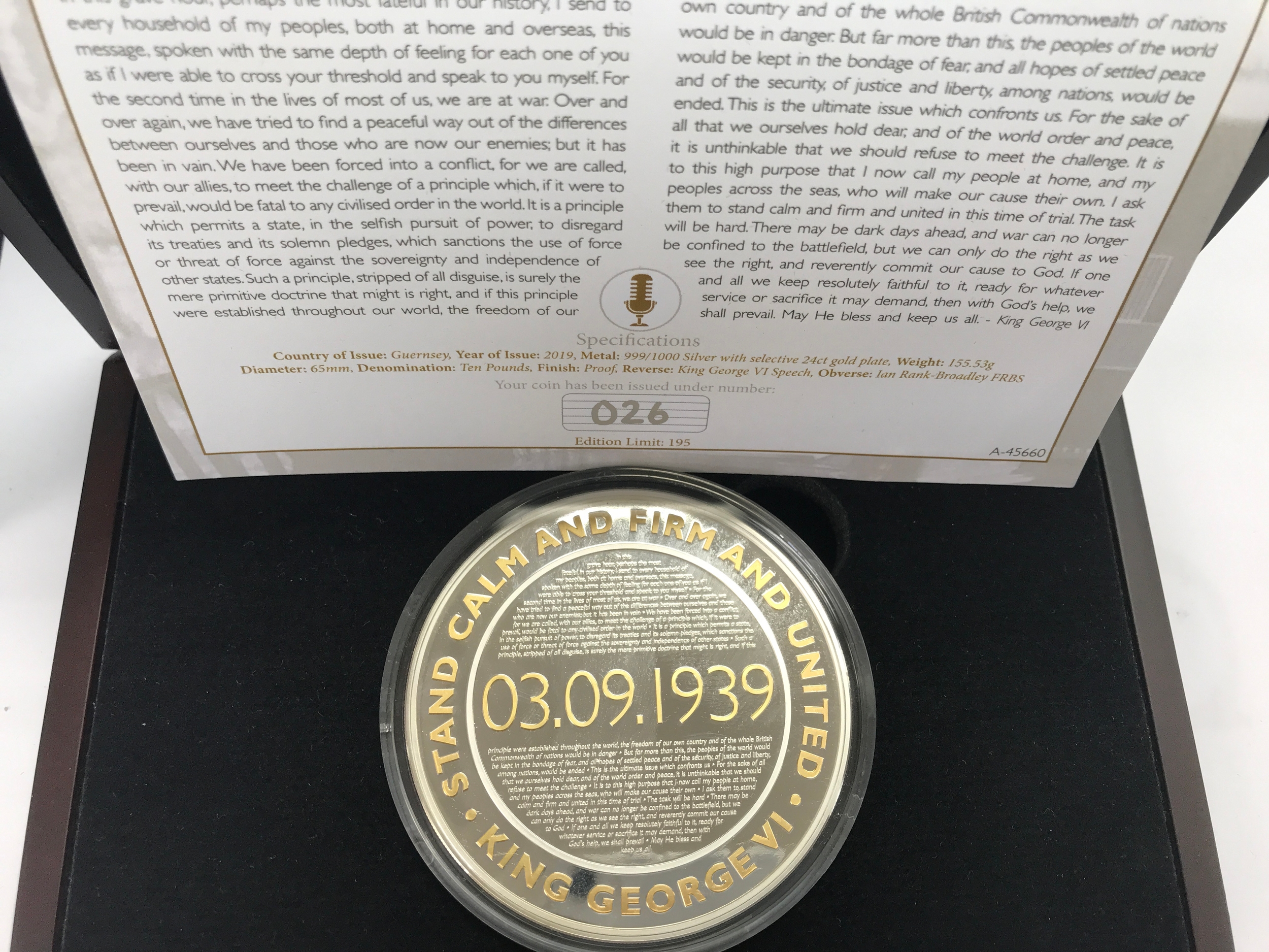 5oz silver proof coin with selective 24ct gold plating, issued for the 80th Anniversary of King George VI's 1939 speech