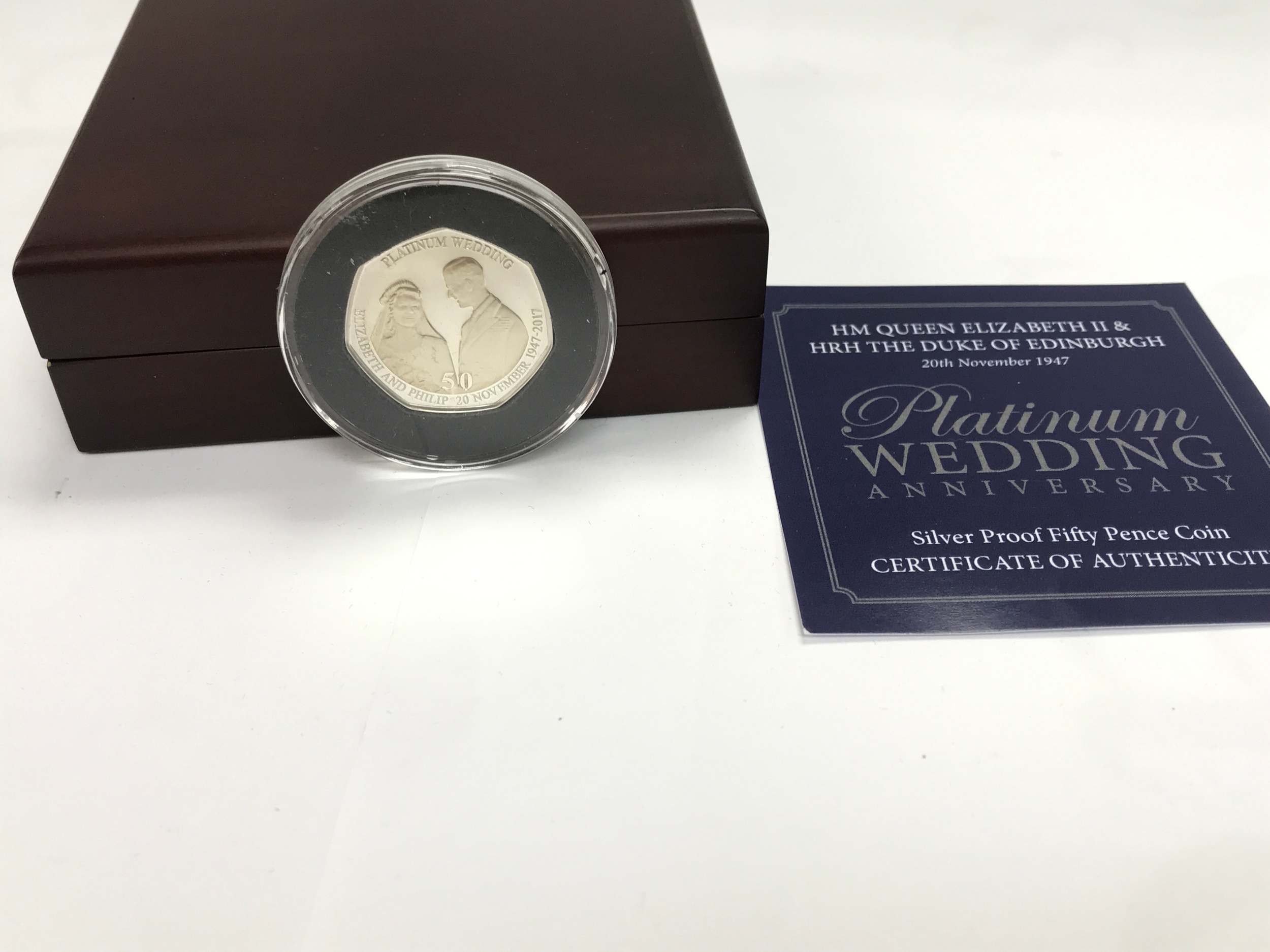2017 HM Queen Elizabeth II & HRH The Duke of Edinburgh Platinum Wedding Anniversary Silver Proof Fifty Pence Coin with its presentation box and certificate of authenticity