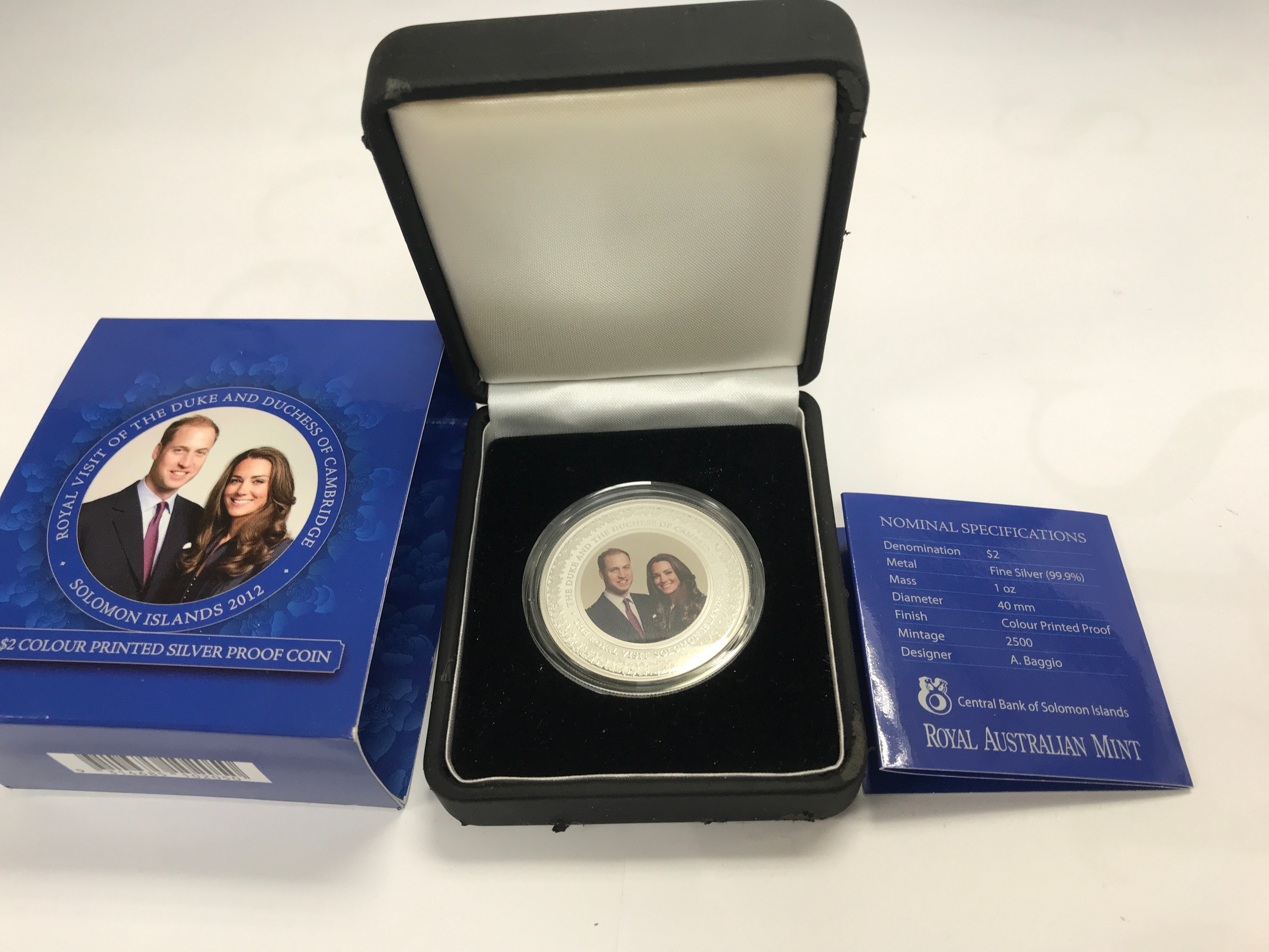 2012 Royal Visit Solomon Islands $2 Colour Silver Proof Coin, minted by the Royal Australian Mint.