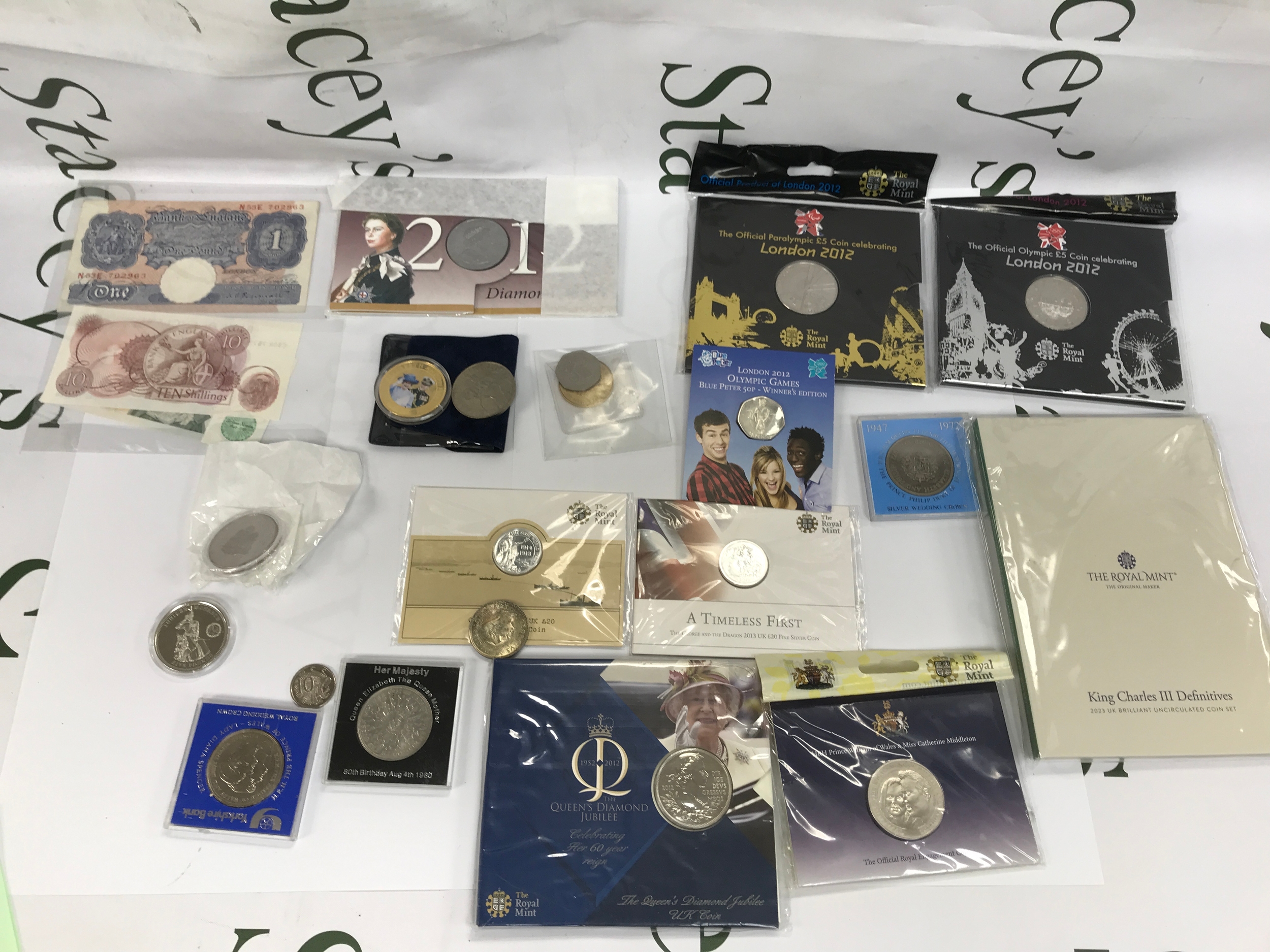 Various coins and notes including silver £20  outbreak coin etc