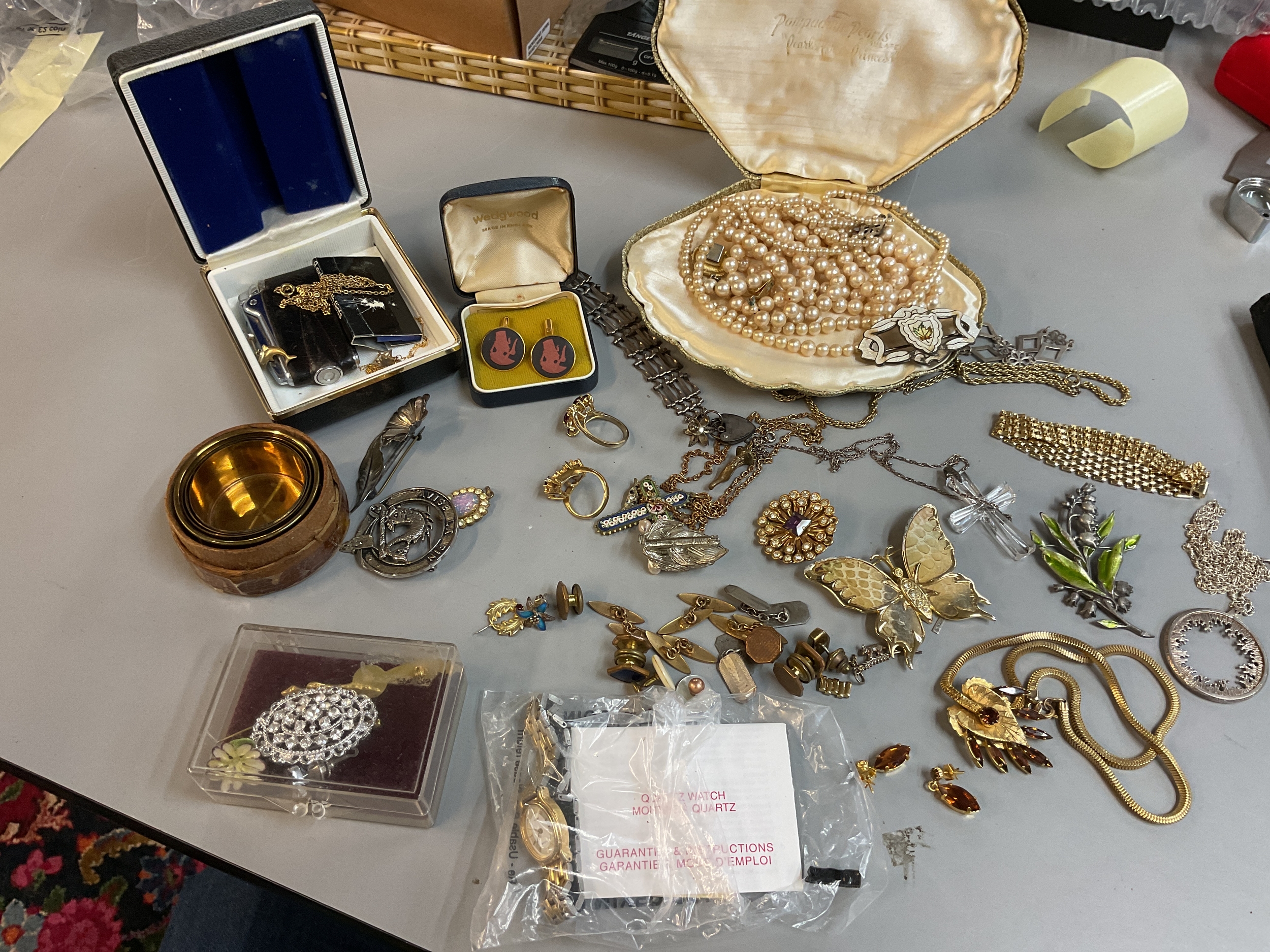 Qty vintage dress jewellery.and folding cup, Waterford cross on chain etc.