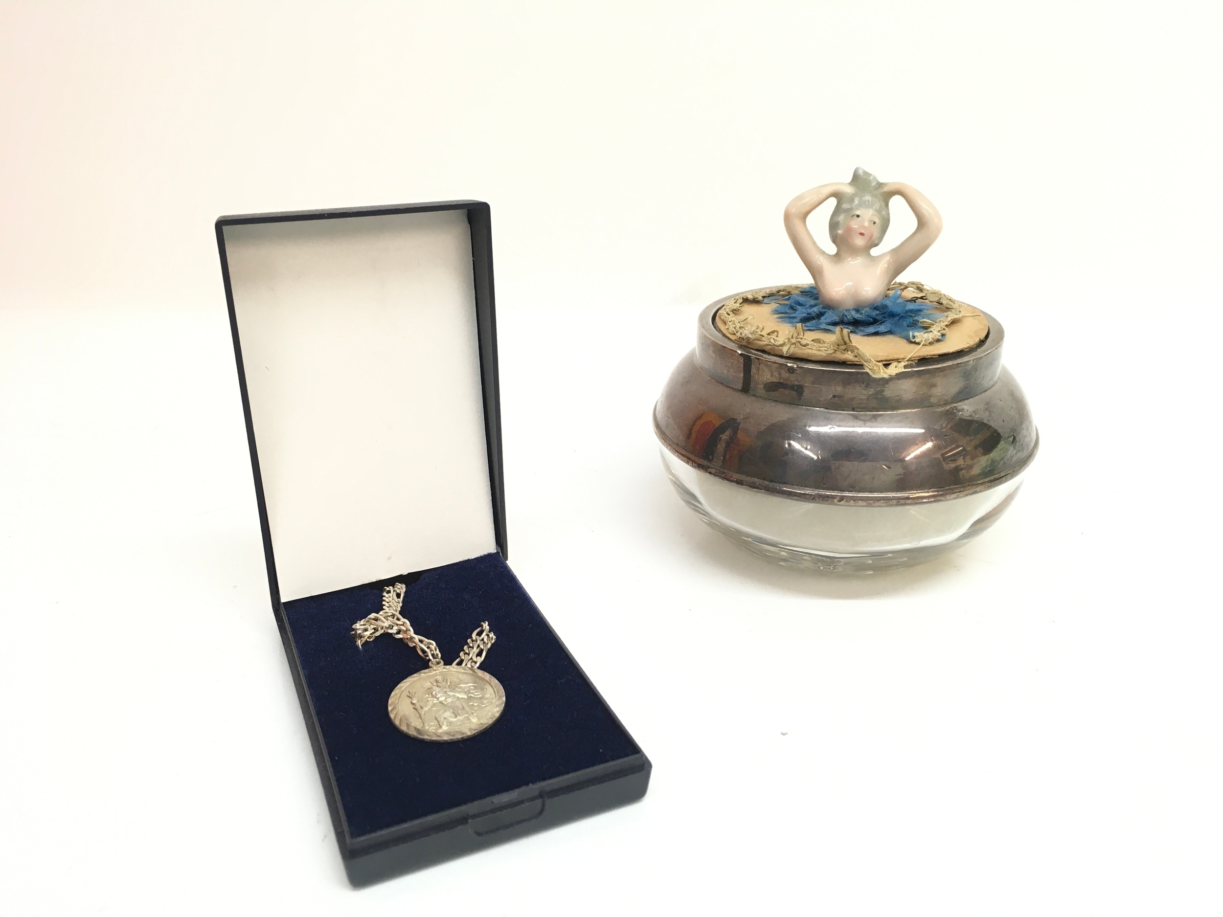 WITHDRAWN - A silver and glass powder puff silver St Christopher necklace NO RESERVE