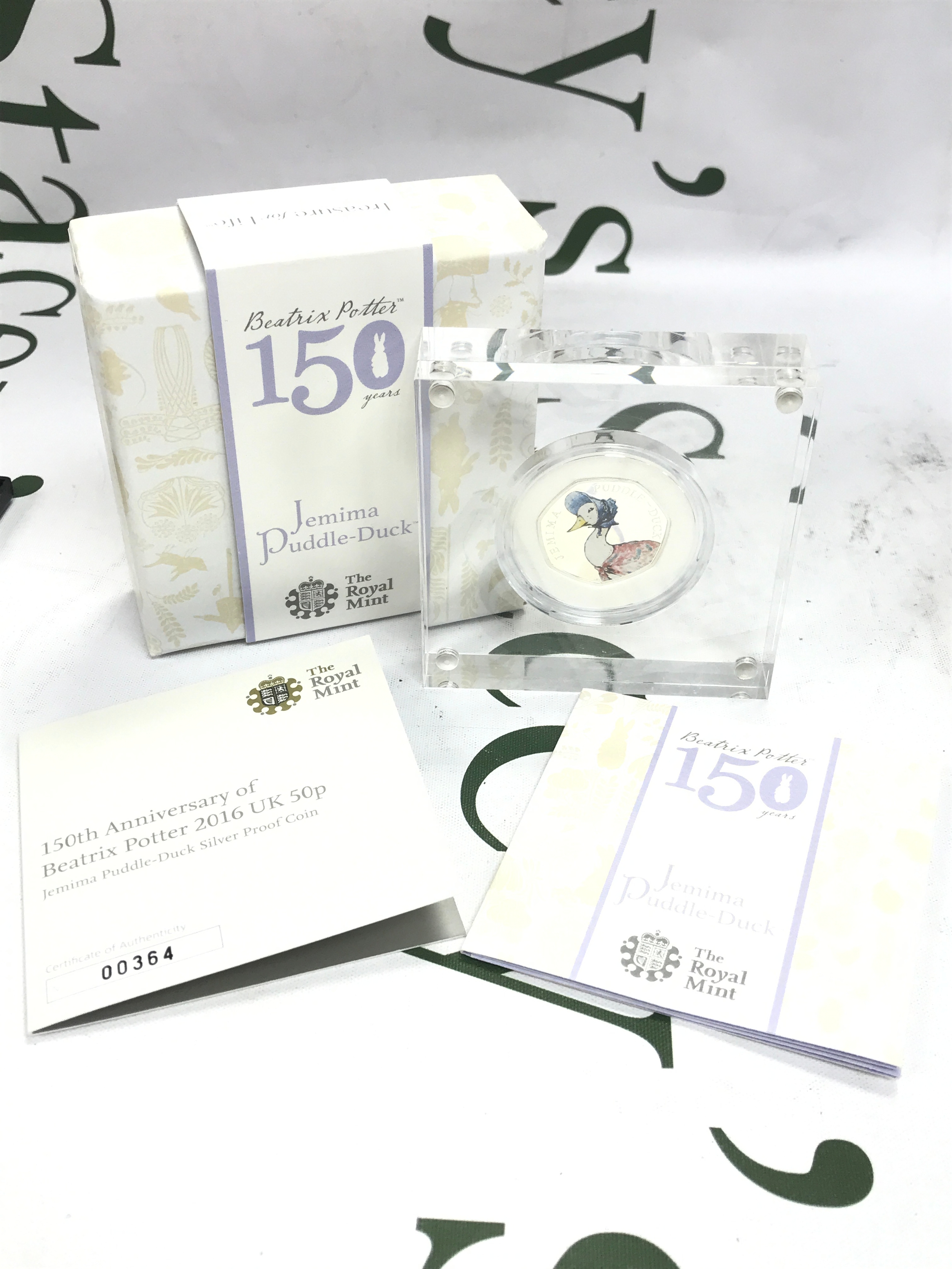 A 2016 Beatrix Potter silver proof 50p coin, Jemima puddle duck, love no 00364 with certificate in mint condition 