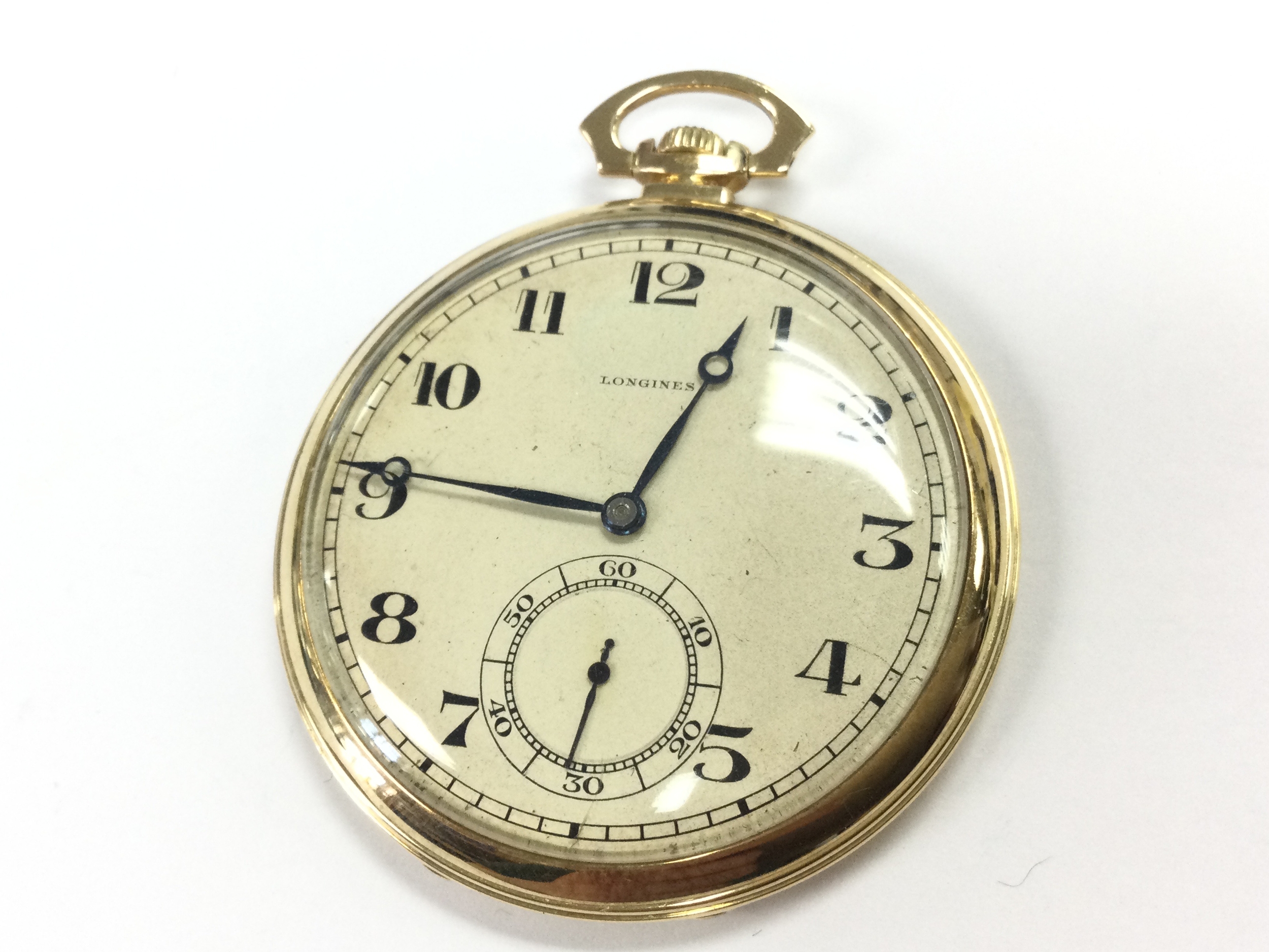A 9ct gold cased Longines pocket watch. 45g total weight 