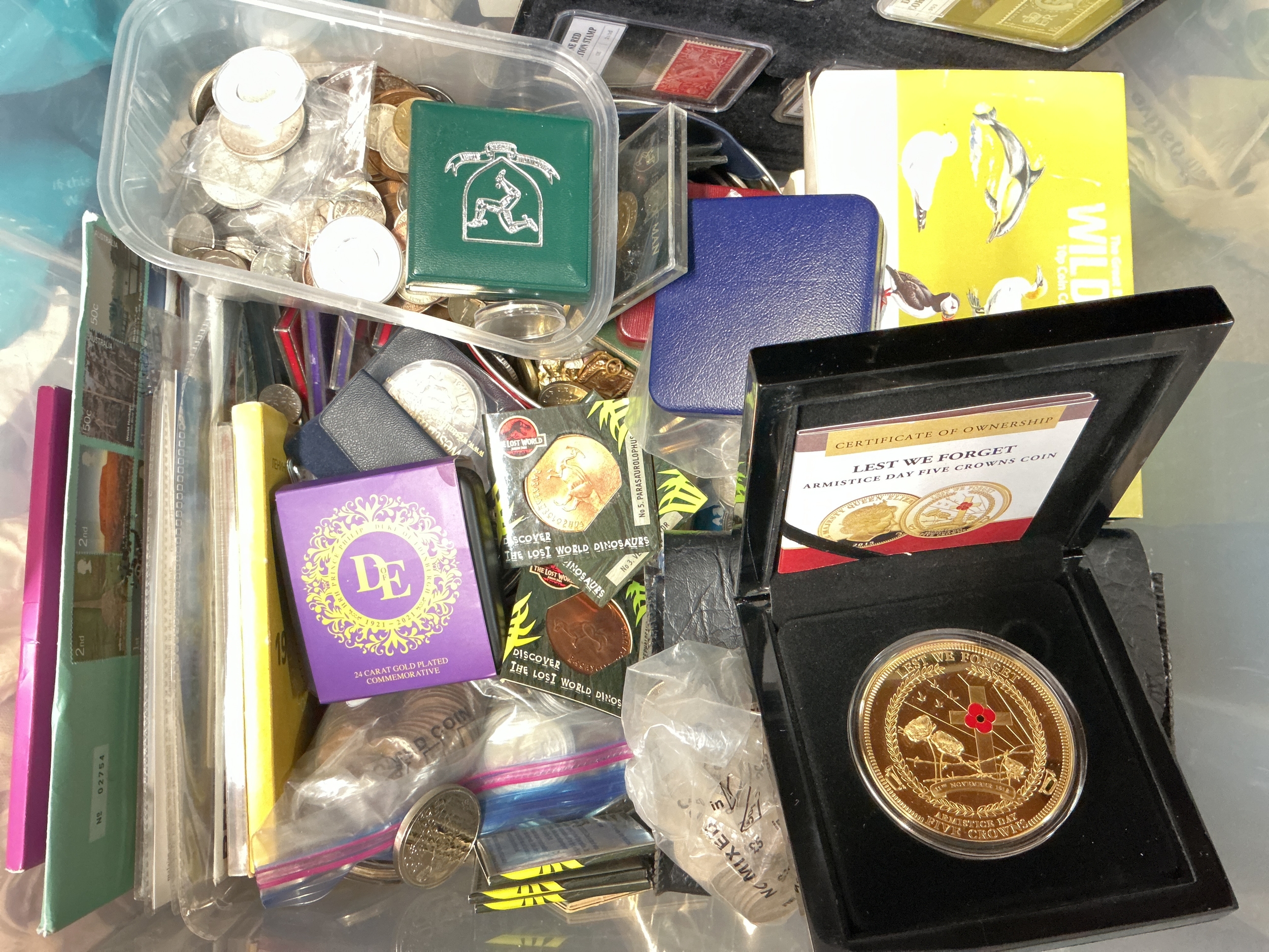 A Box Containing Mixed Coins And Bank Notes. Including Silver And Coin Sets.