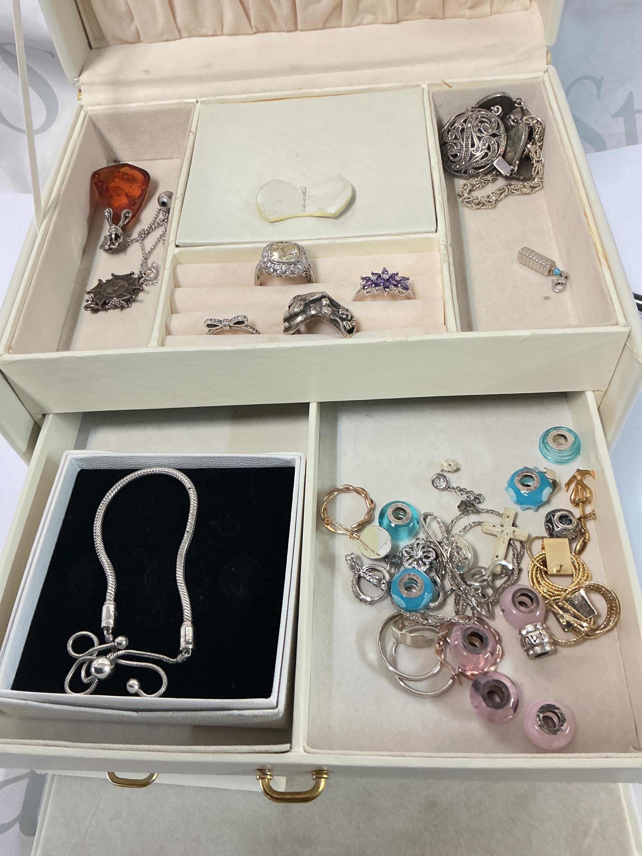 A Jewellery Box Containing Silver Jewellery Including Pandora.
