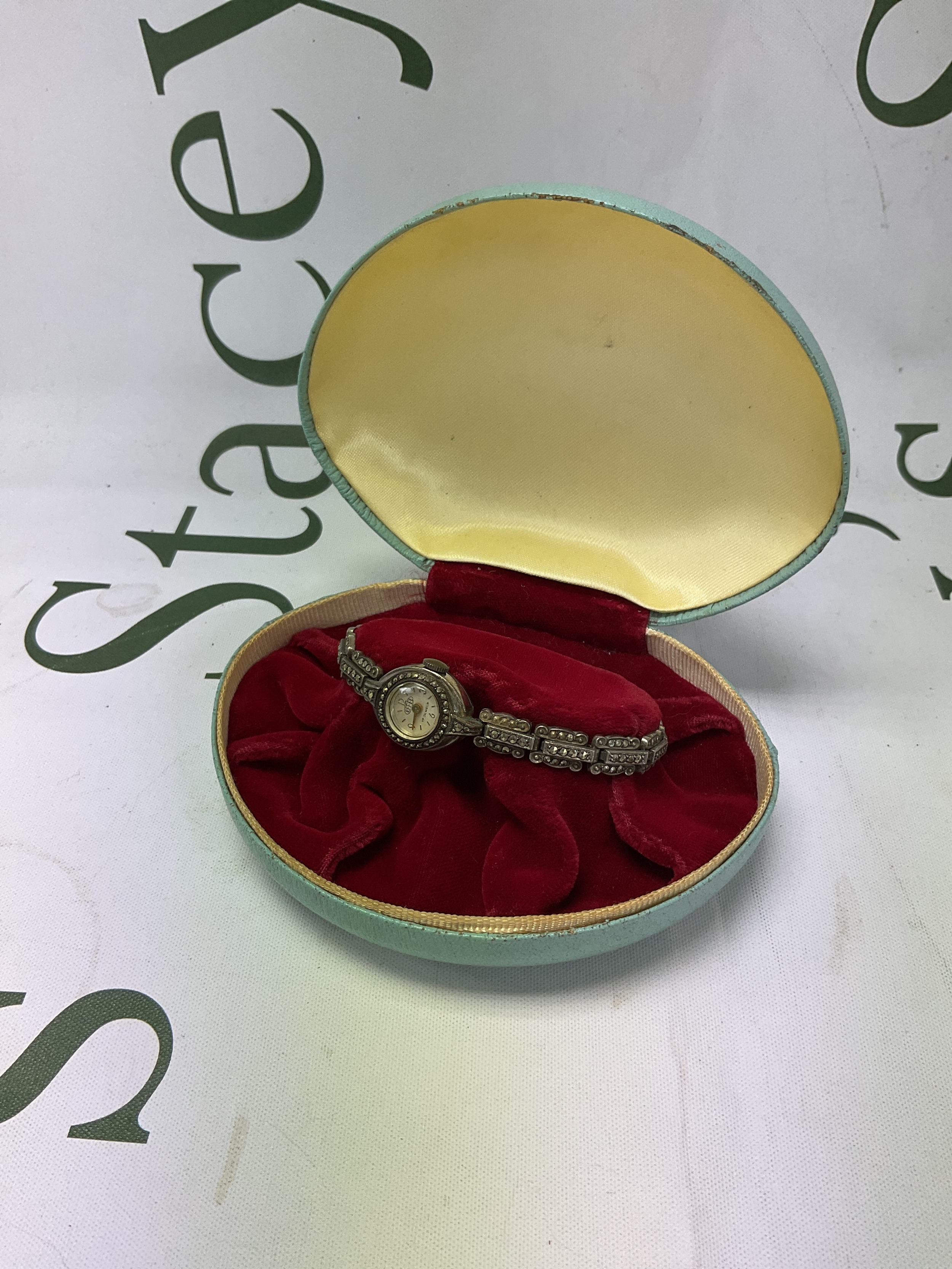 Cased vintage Effee silver Marcasite ladies watch. Weight 22.6 grams.
