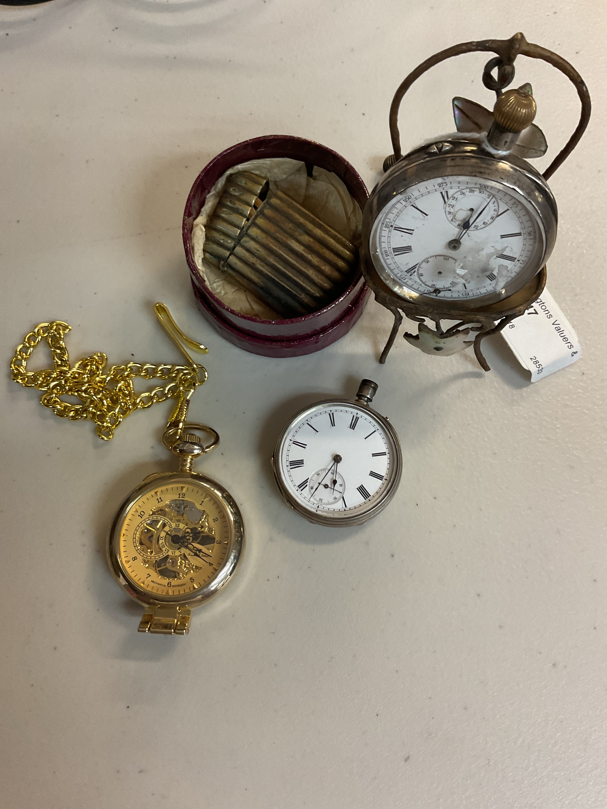 19th century watch stand, two silver watches, vesta 