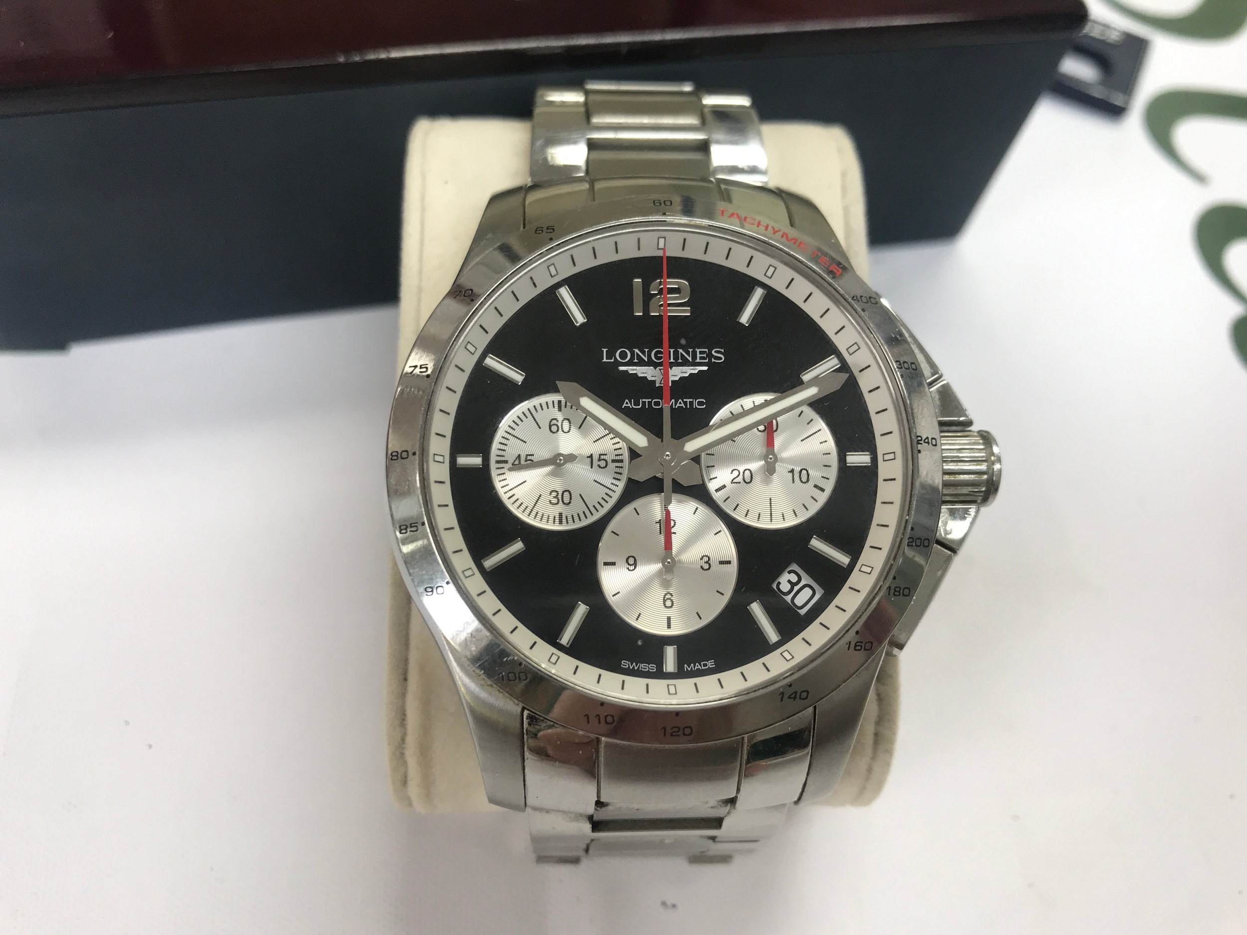 Longines Conquest Watch Chronograph Automatic Mens 44mm Swiss Made. Winds and runs. Box and Manual.