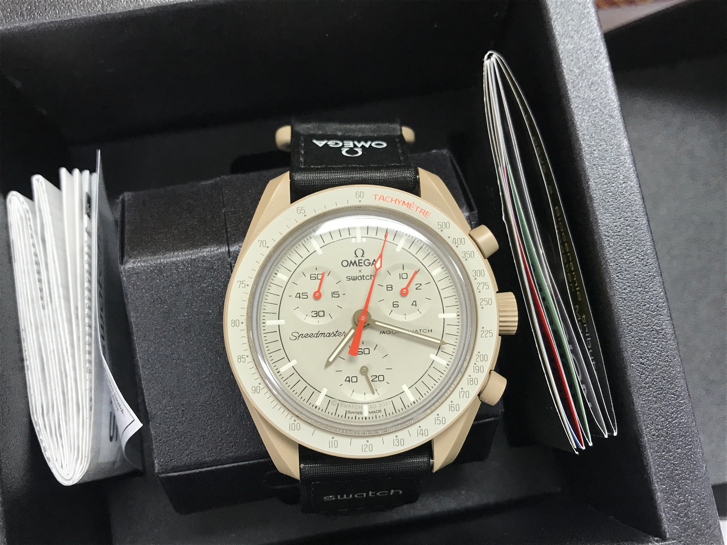 Omega x Swatch Bioceramic MoonSwatch 'Mission to Jupiter', with box and original bag and receipt. Comes with spare aftermarket strap