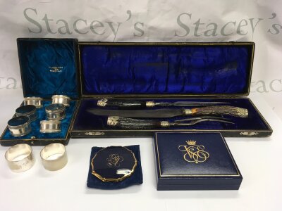 A cased carving set and  silver plated napkin rings, oddments etc. NO RESERVE