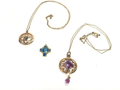 9ct gold Edwardian pendants set with turquoise , seed pearl, garnet