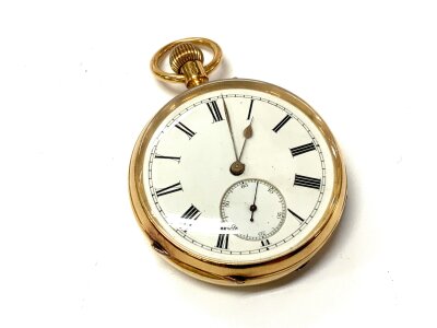 Josh. Penlington & Co, Liverpool. An 18K gold keyless wind open face pocket watch, Movement: English lever, white enamel dial, Polished round, No. 279403 Signed: Dial & movement Size: 50mm, engraved initials to back plate. Weight. 111g.