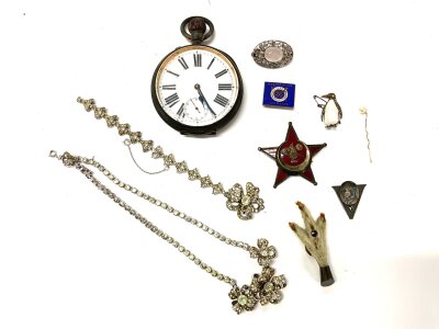 A vintage  Goliath pocket in need of attention, 2 Christian Dior vintage paste necklaces, together with vintage brooches and badges etc…