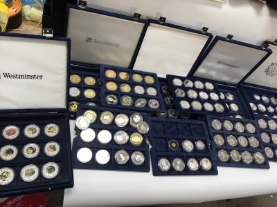 A large collection of sterling silver and other coinage and a 1g gold miniature coin.
