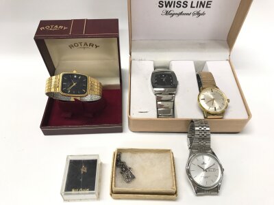 Four fashion watches including Avia Rotary a 9ct charm and silver st Christopher