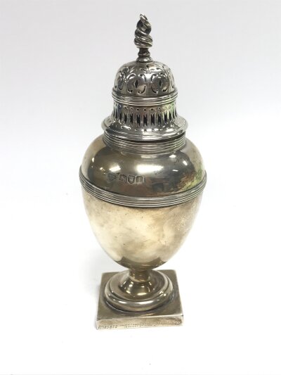 A silver hallmarked sugar caster. 17.5cm tall. 215g total weight