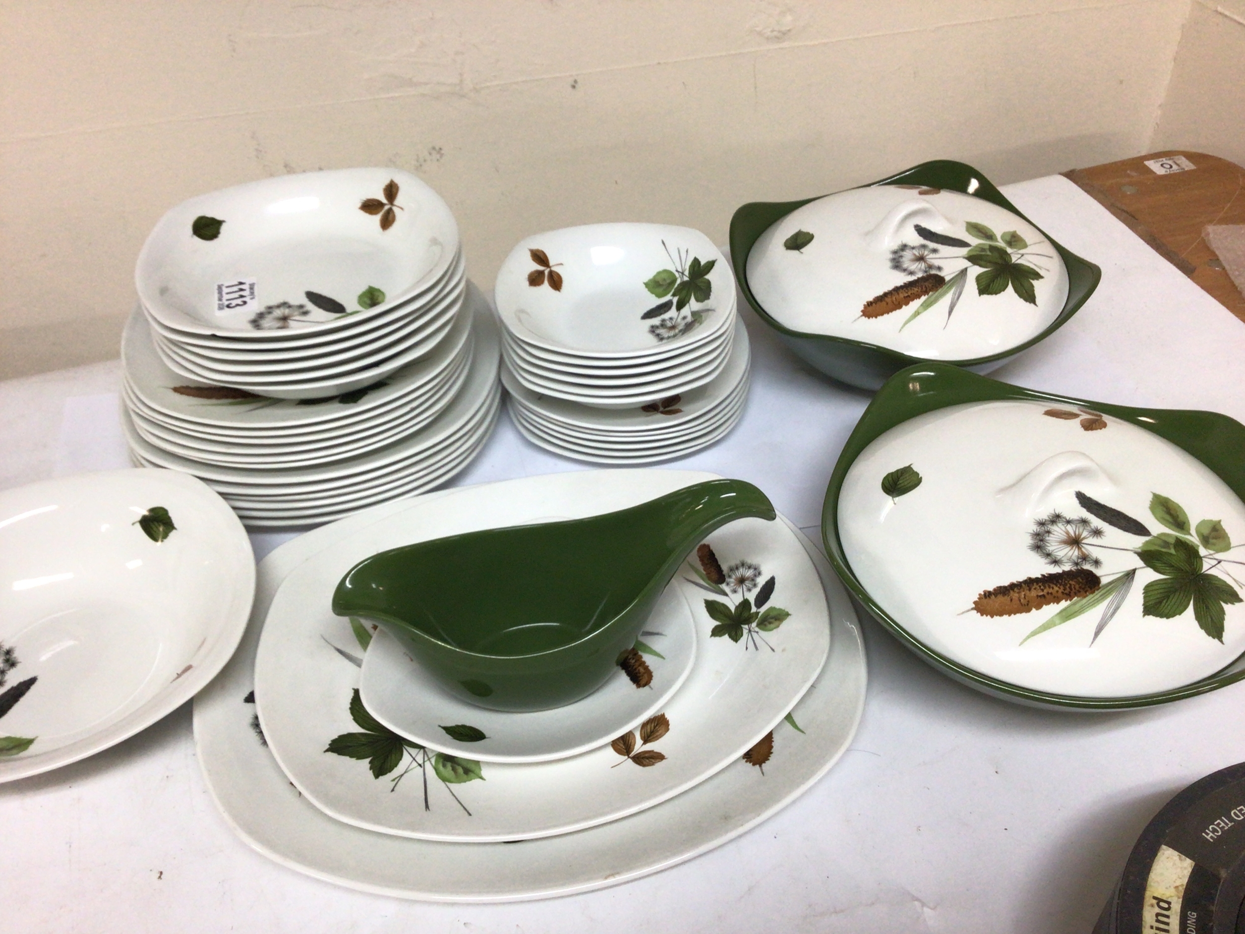 A Mid 20th century Midwinter Stlyecraft Fashion Shape dinner service six place setting with two tureens vendors comments never used.