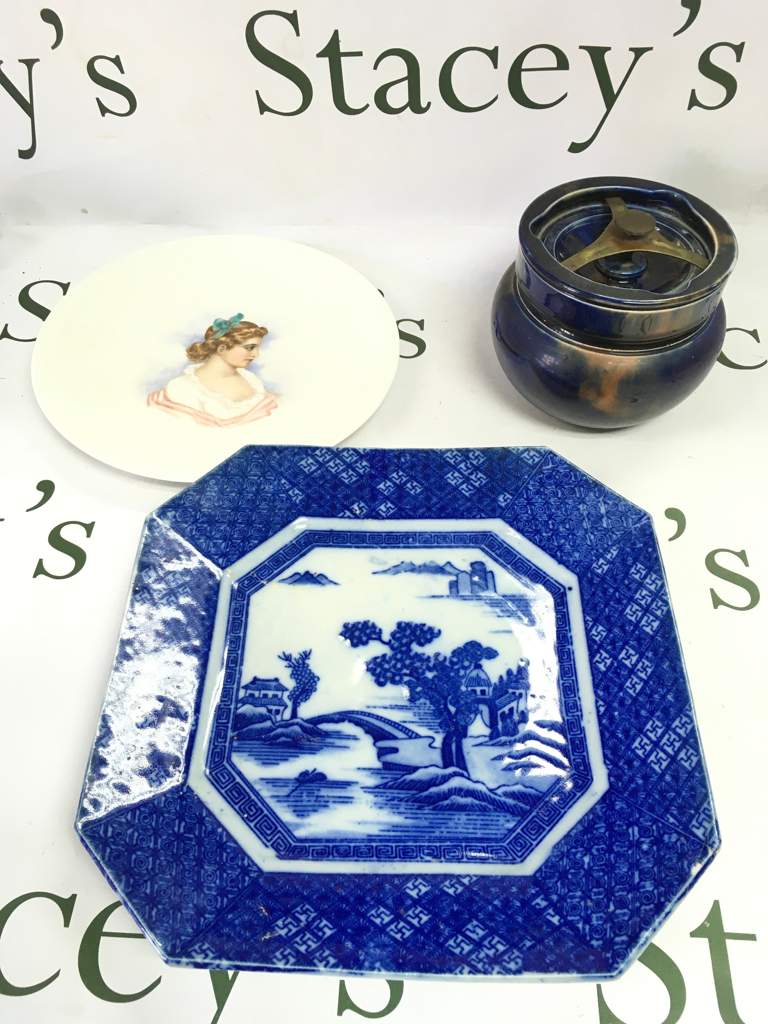 A 19th century Chinese octagonal willow pattern plate (26.5cm wide), tobacco jar (11cm tall) and hand painted Lady profile plate (23cm wide) NO RESERVE