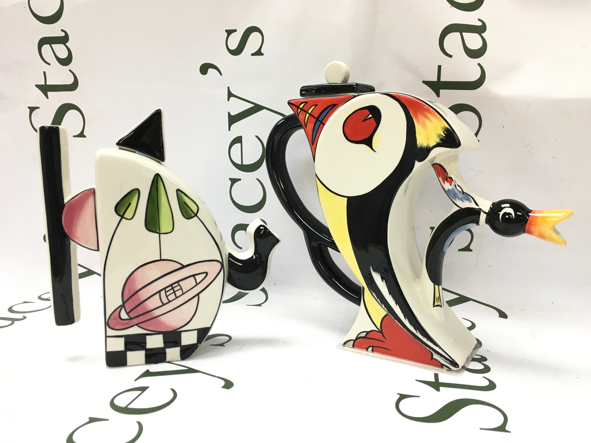 Lorna Bailey ceramic tea pots including a Puffin number 4/50. 18.5cm tall to 22.5cm tall