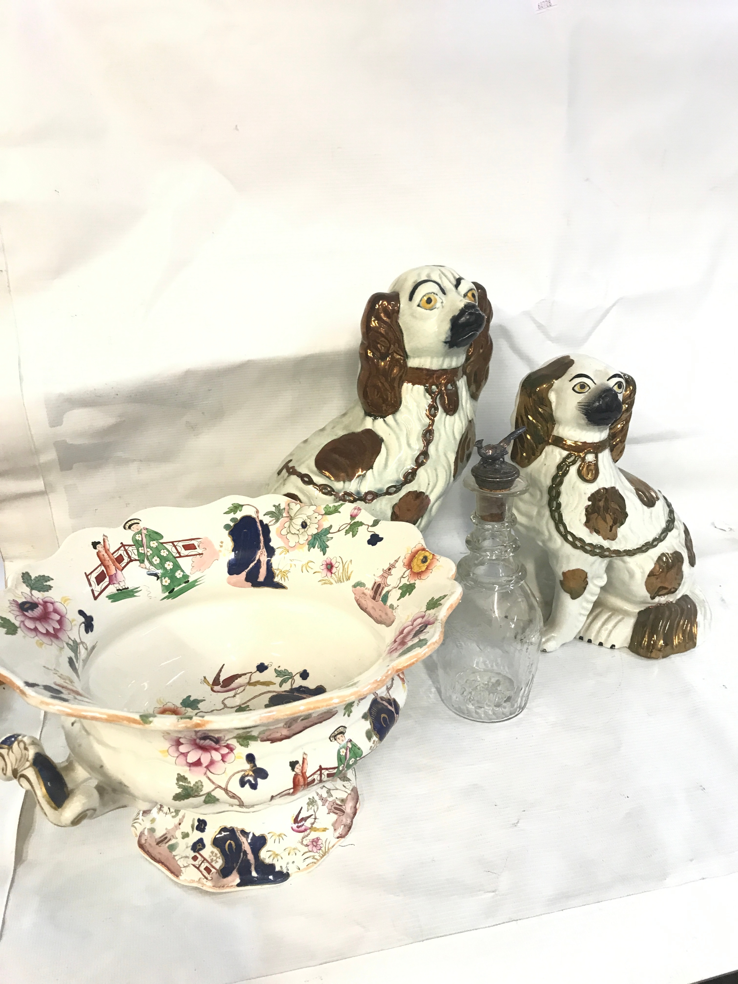 Two Staffordshire dog figures, 19th century ceramic bowl and a decanter with a vine engraving and a fitted metal and cork pheasant topper NO RESERVE
