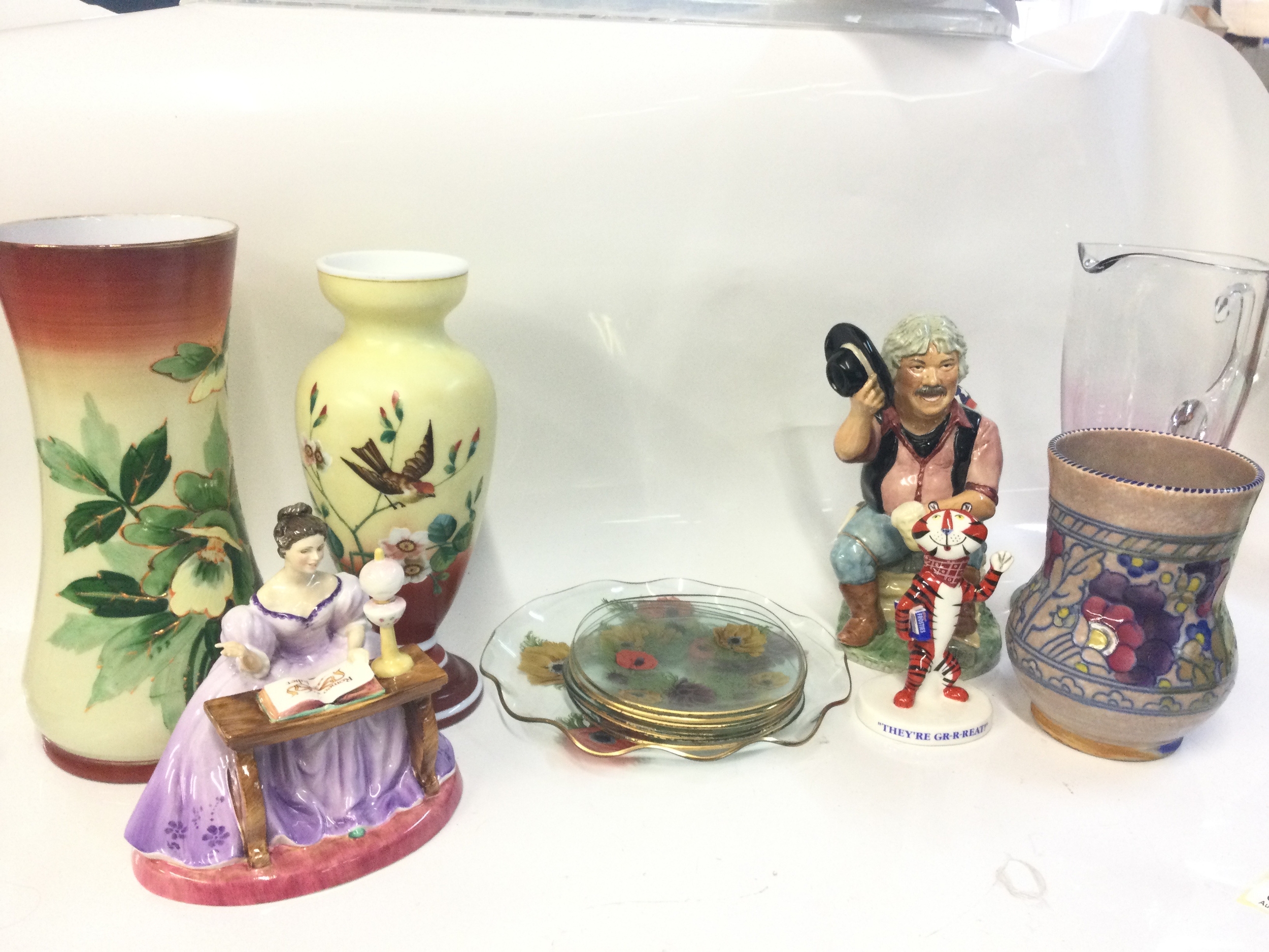 A collection of ceramics Peggy Davies Fanny Kemble figure, Pilkington Chance "Poppy / Anemone" glass set, Royal Doulton Tony the Tiger limited edition of 1500 figure, Peggy Davies ceramics Maurice Wideman colour trial for decorating sample only character jug (hairline crack at base) NO RESERVE