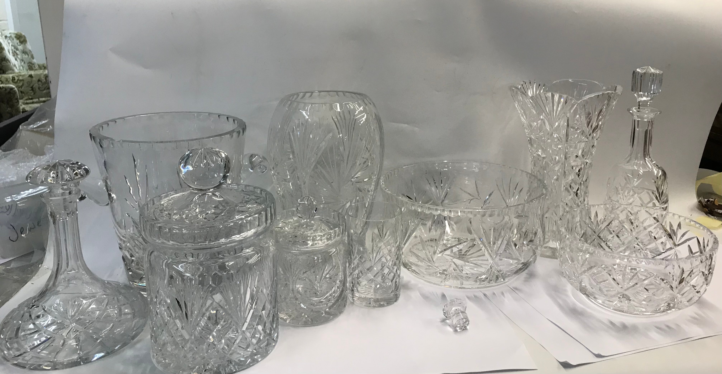 A collection of various cut glass ware including champagne bucket.