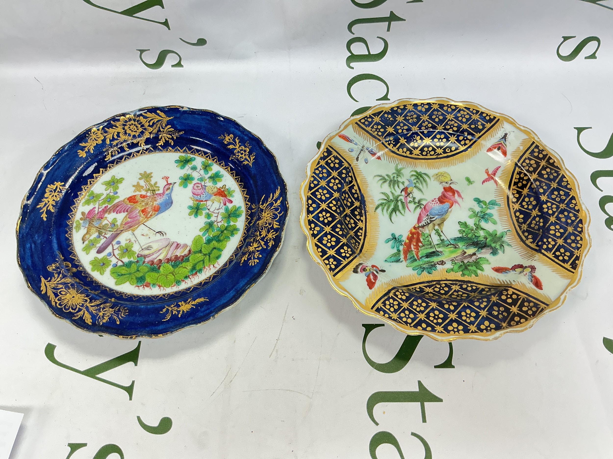 Two Bow porcelain plates decorated in the manner of the Giles workshop, both decorated with exotic birds and with blue and giltwork decoration, approx diameters 21cm and 22cm.
