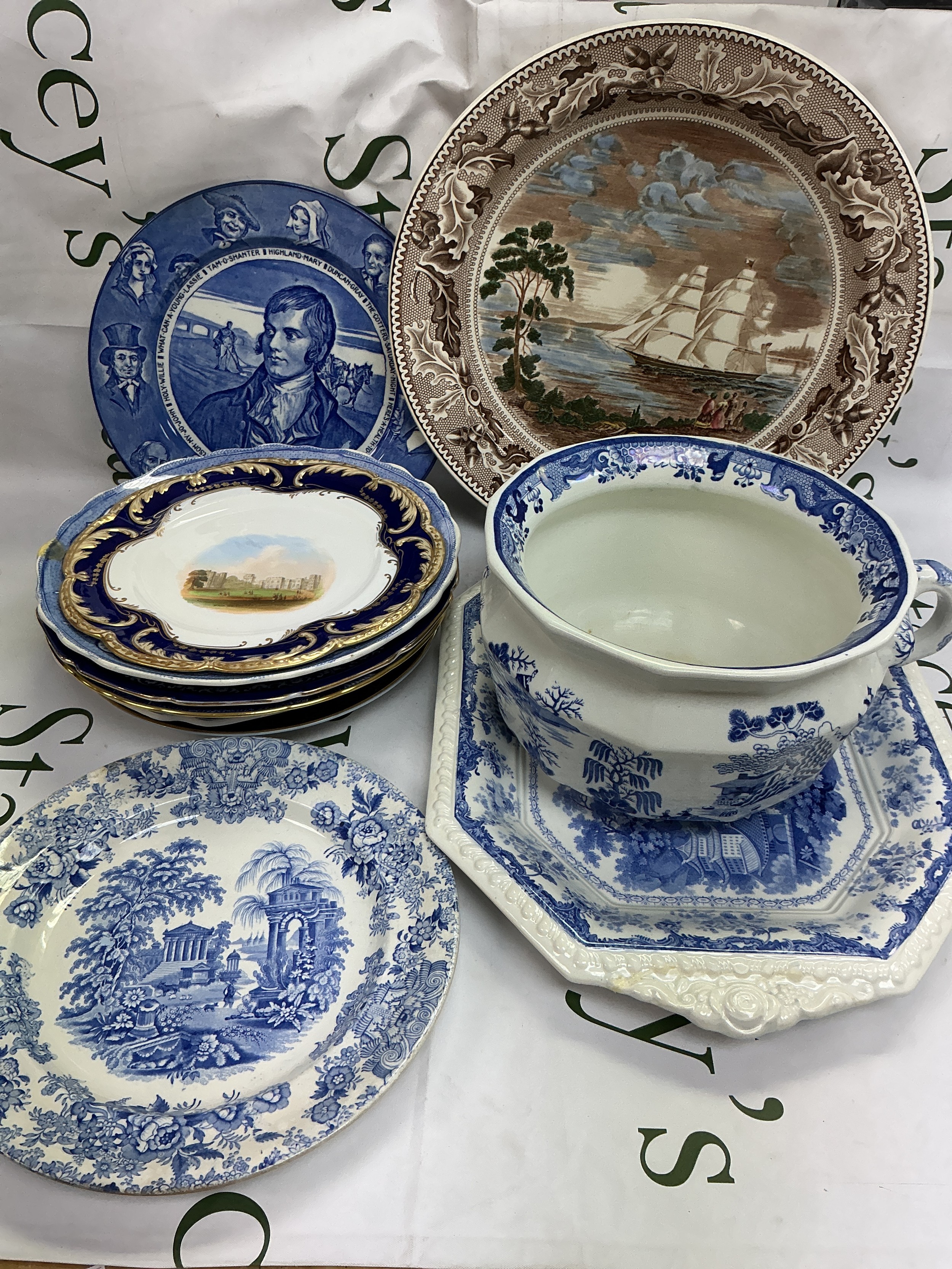 A collection of mainly blue and white plates, various makes including Doulton, Masons etc.