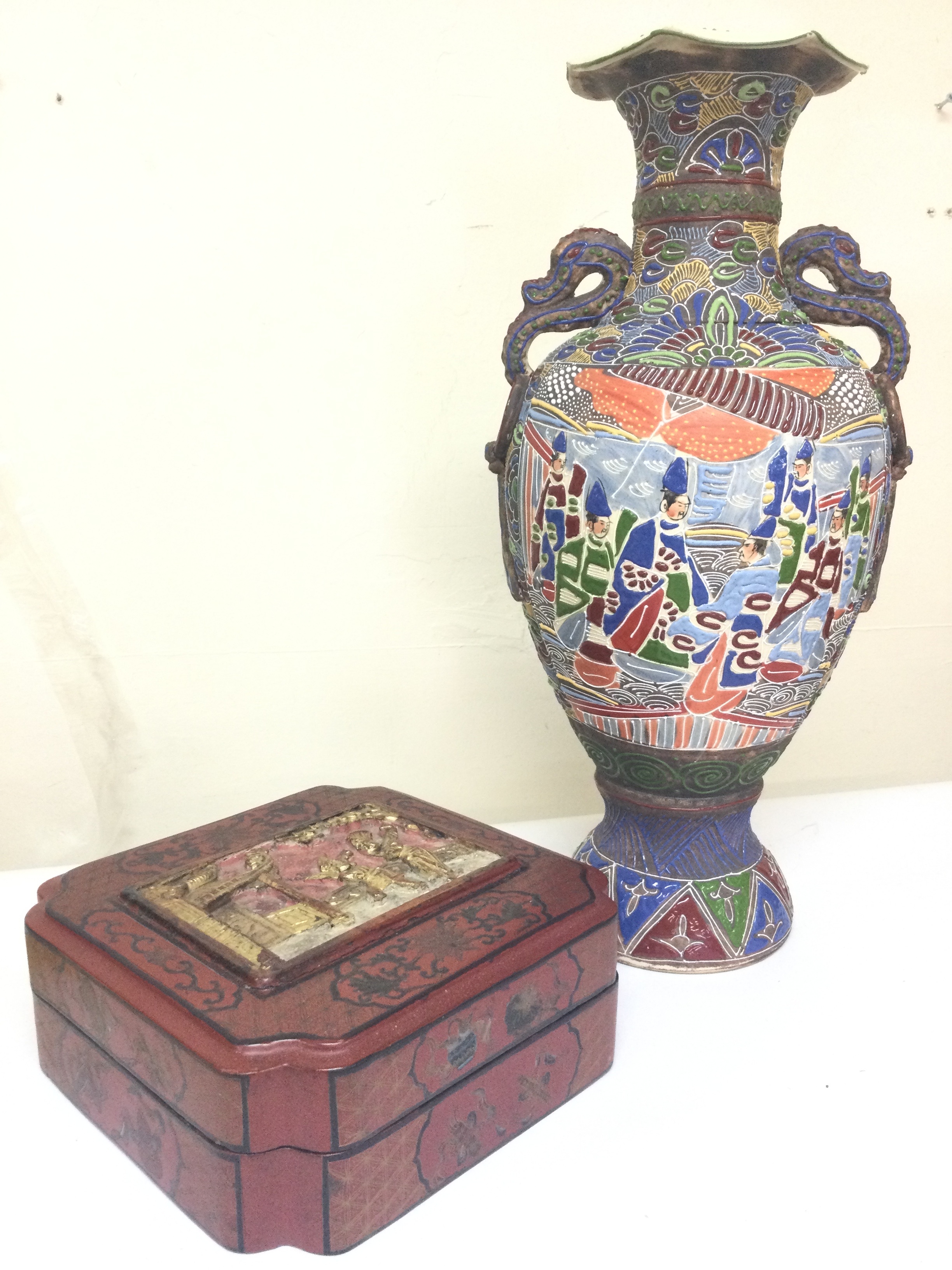 A Japanese Satsuma Moriage double-handled vase (49cm tall) and a Chinese red lacquer box 23cm wide, 24cm long, 9cm tall