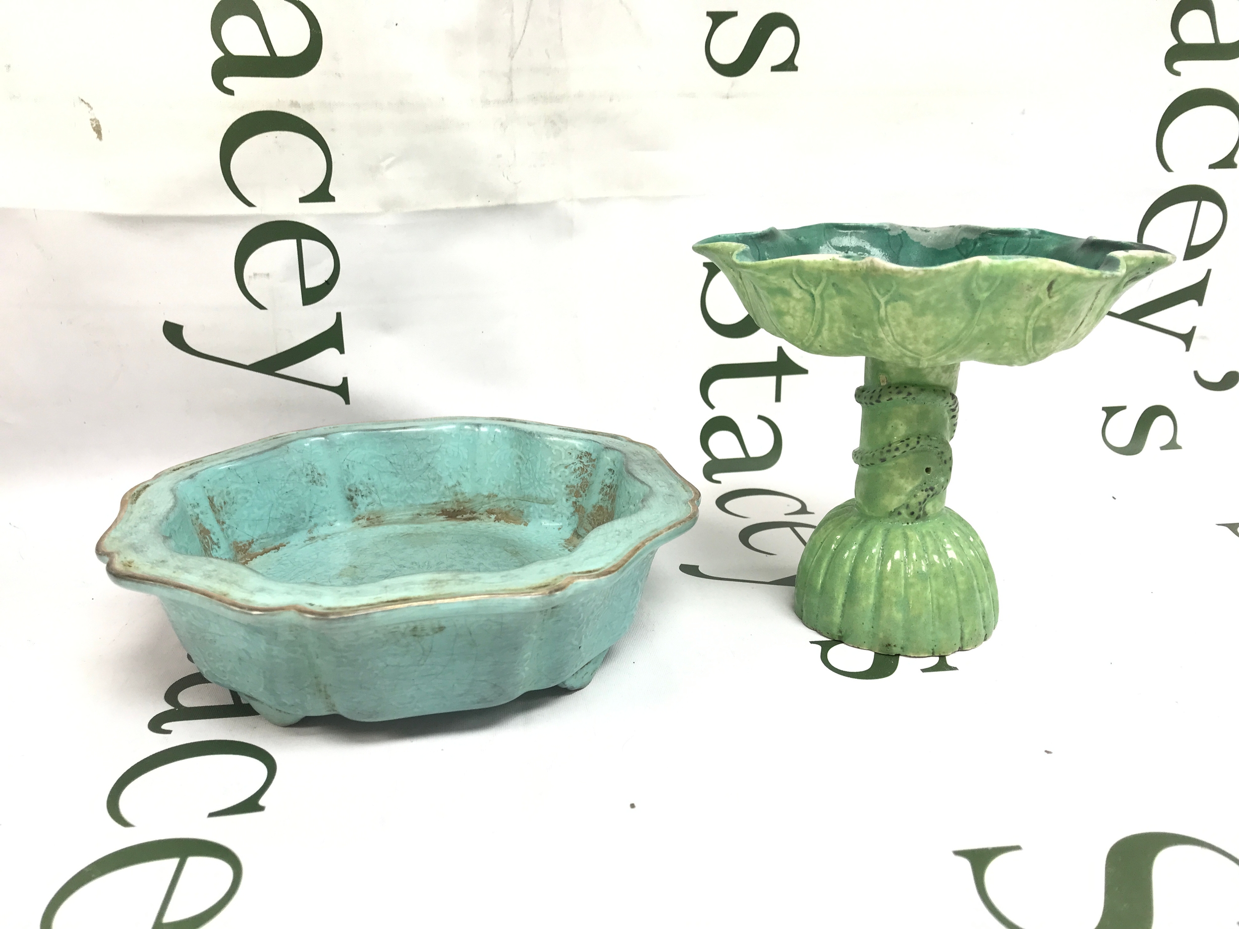 A Chinese porcelain turquoise bowl 18cm wide and a pedestal dish 13cm tall