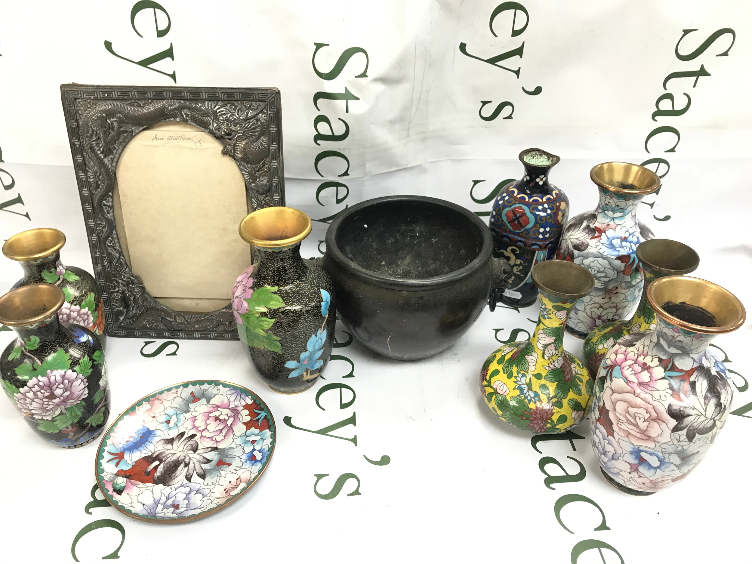 Cloisonné vases, dragon frame, bronze censer 22cm wide 