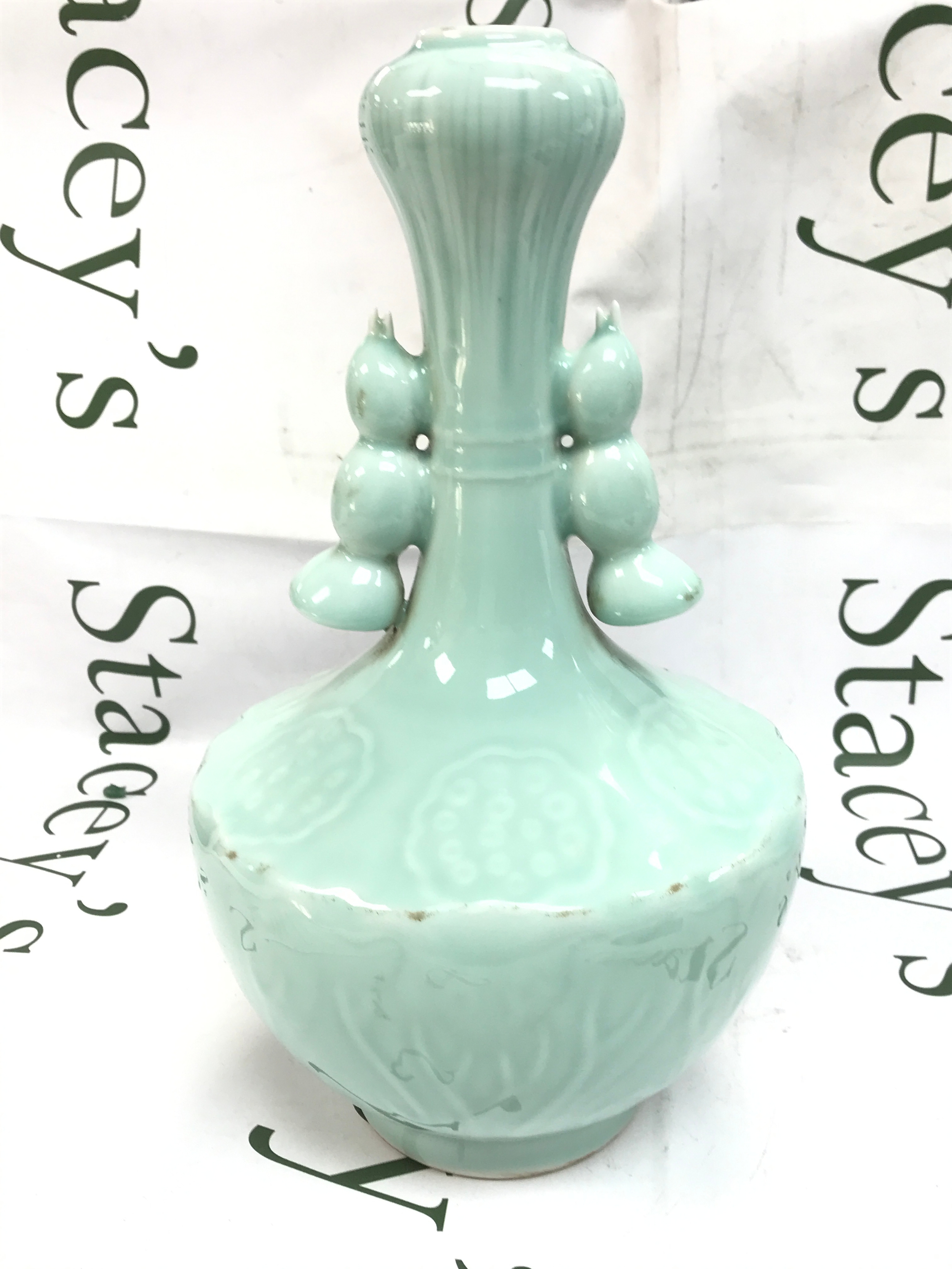 A large Chinese sky blue vase signed , 34cm tall