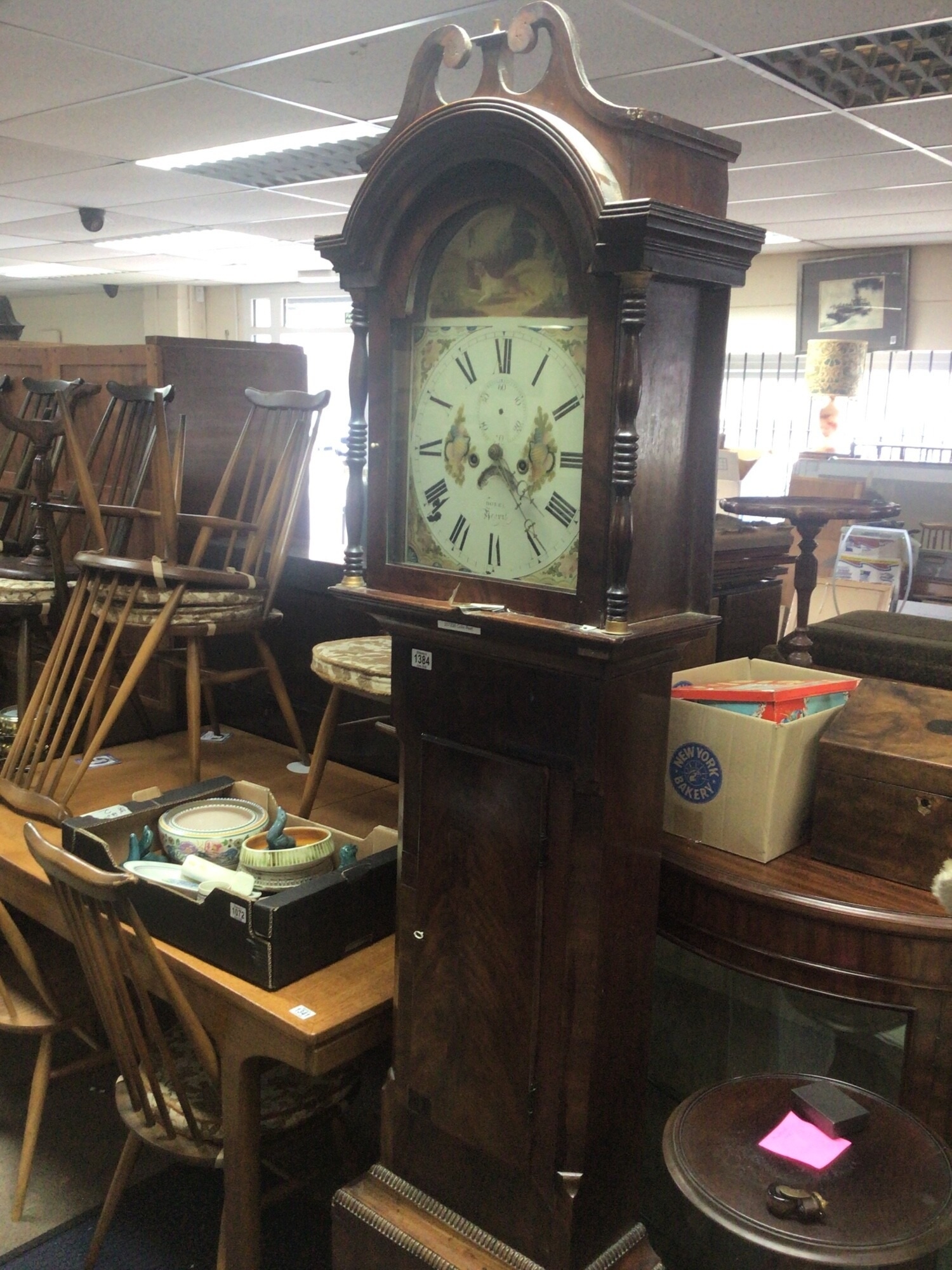A 19th century Mahogany long case clock with an arched painted dial maker Dorel of Yeovil eight day going. TO BE SOLD WITHOUT RESERVE