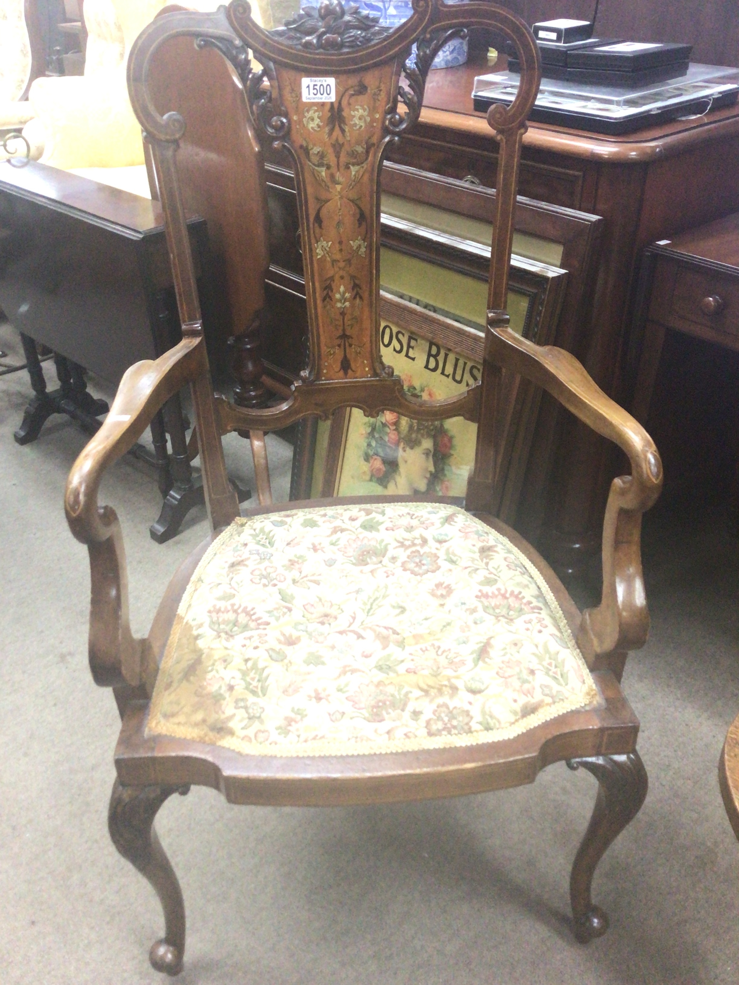  A quality Edwardian satinwood and mahogany inlaid open armchair with scroll arms on cabriole legs 
